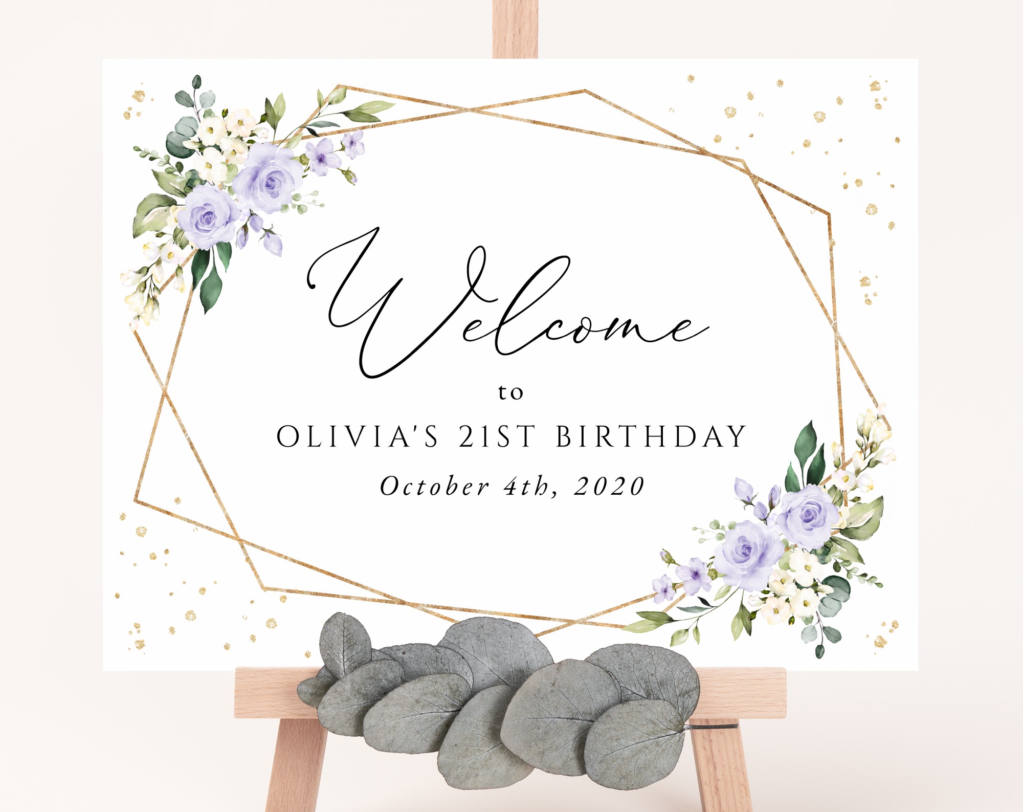 Purple Flowers and Gold Confetti Welcome Sign, Birthday Sign, Girl Birthday, Printable File, Edit Yourself, SH124
