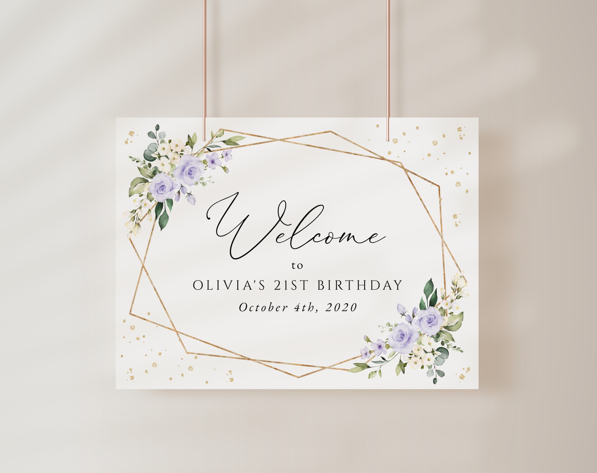 Purple Flowers and Gold Confetti Welcome Sign, Birthday Sign, Girl Birthday, Printable File, Edit Yourself, SH124