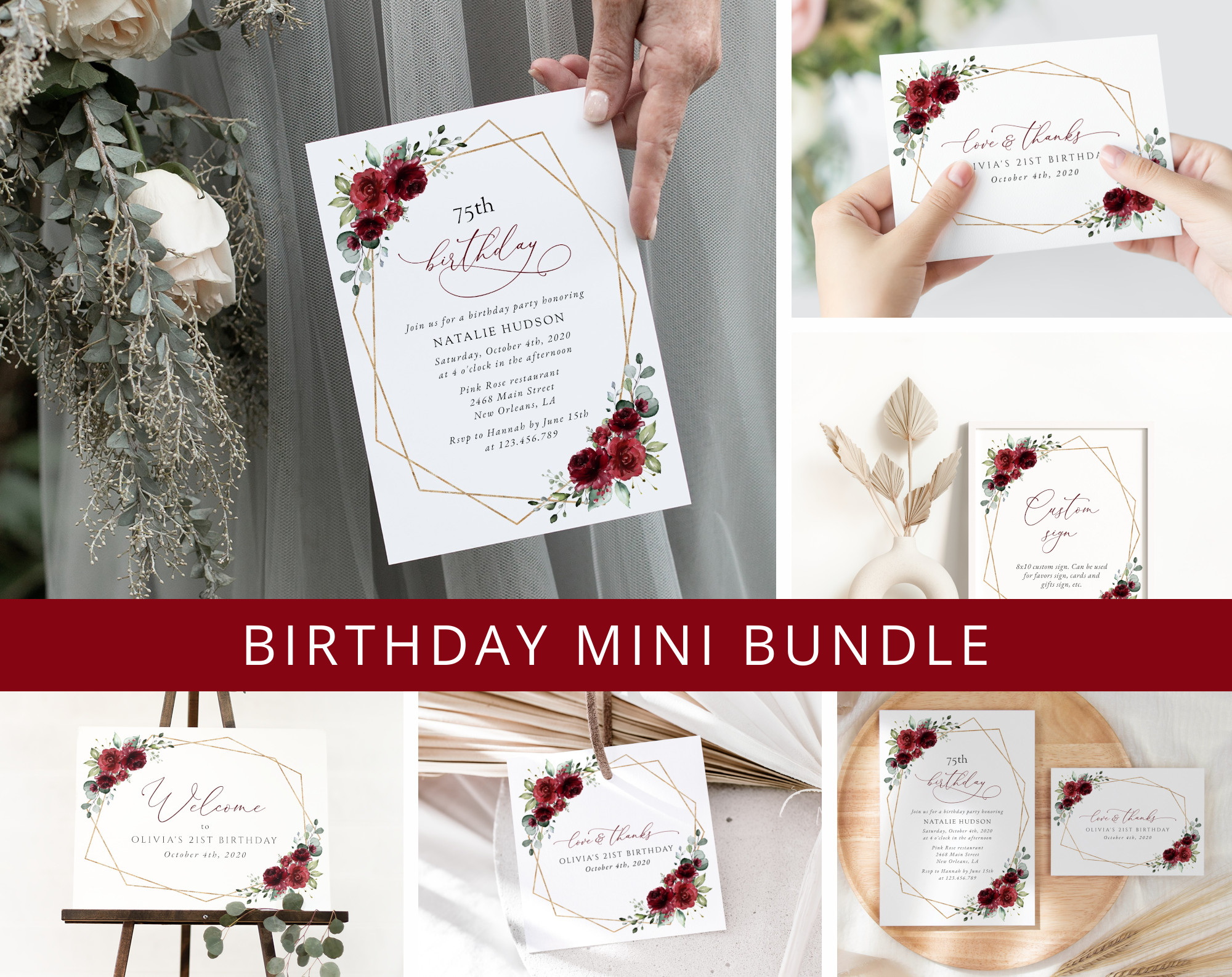 Burgundy Red Flowers Birthday Mini Bundle, Girl Birthday, Any Birthday, Printable File, Edit Yourself, SH126
