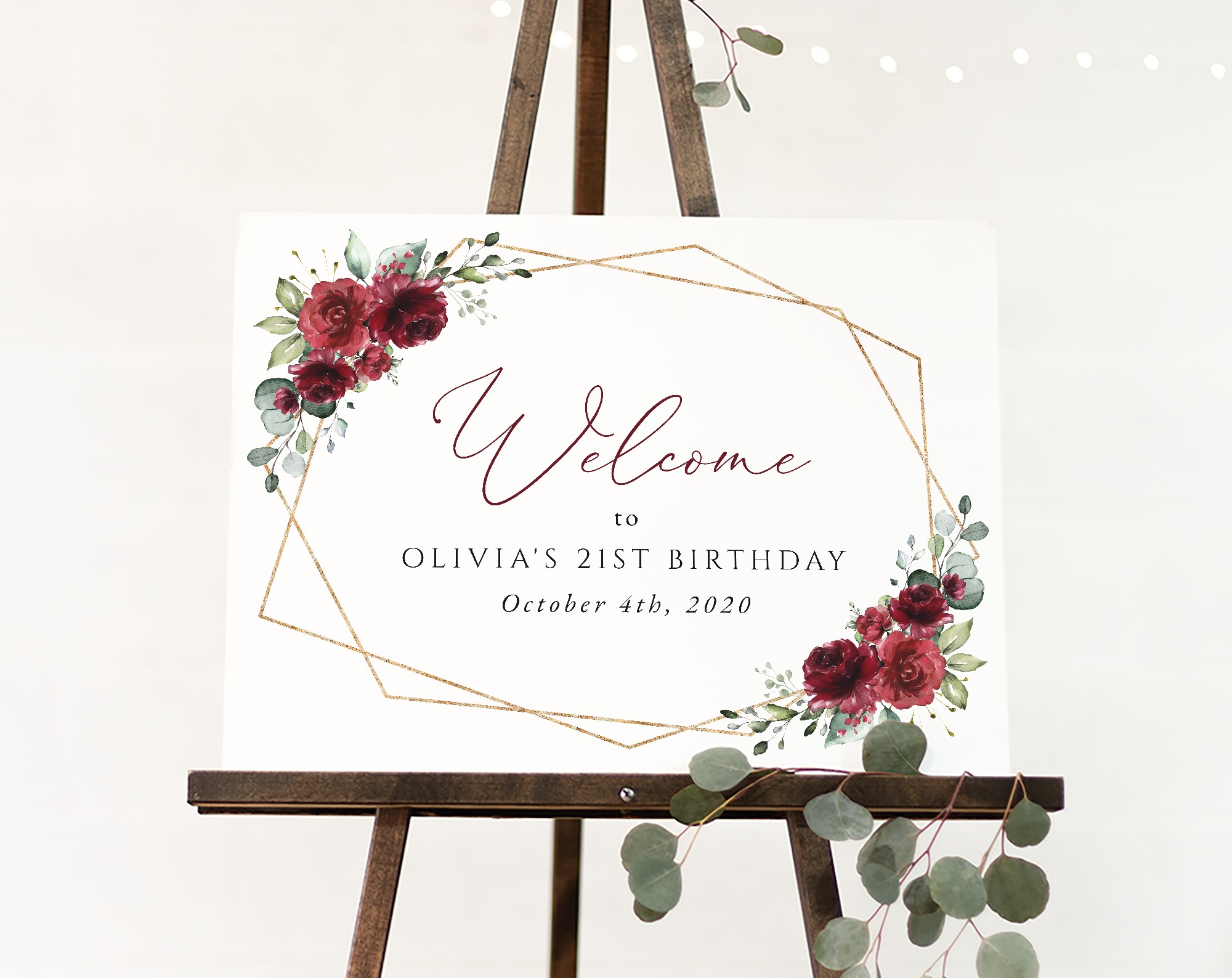 Burgundy Red Flowers Welcome Sign, Birthday Sign, Girl Birthday, Printable File, Edit Yourself, SH126
