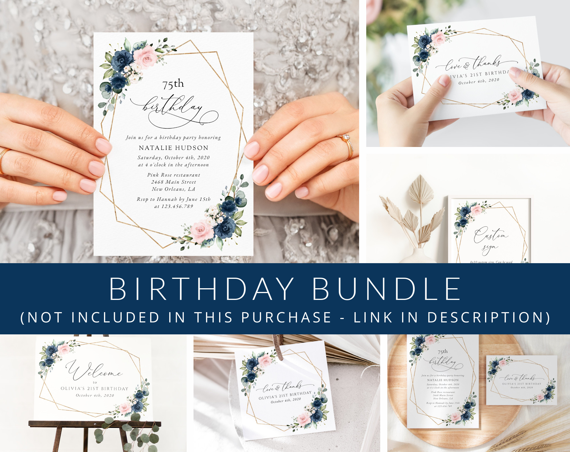 Navy and Pink Flowers Birthday Mini Bundle, Girl Birthday, Any Birthday, Printable File, Edit Yourself, SH127