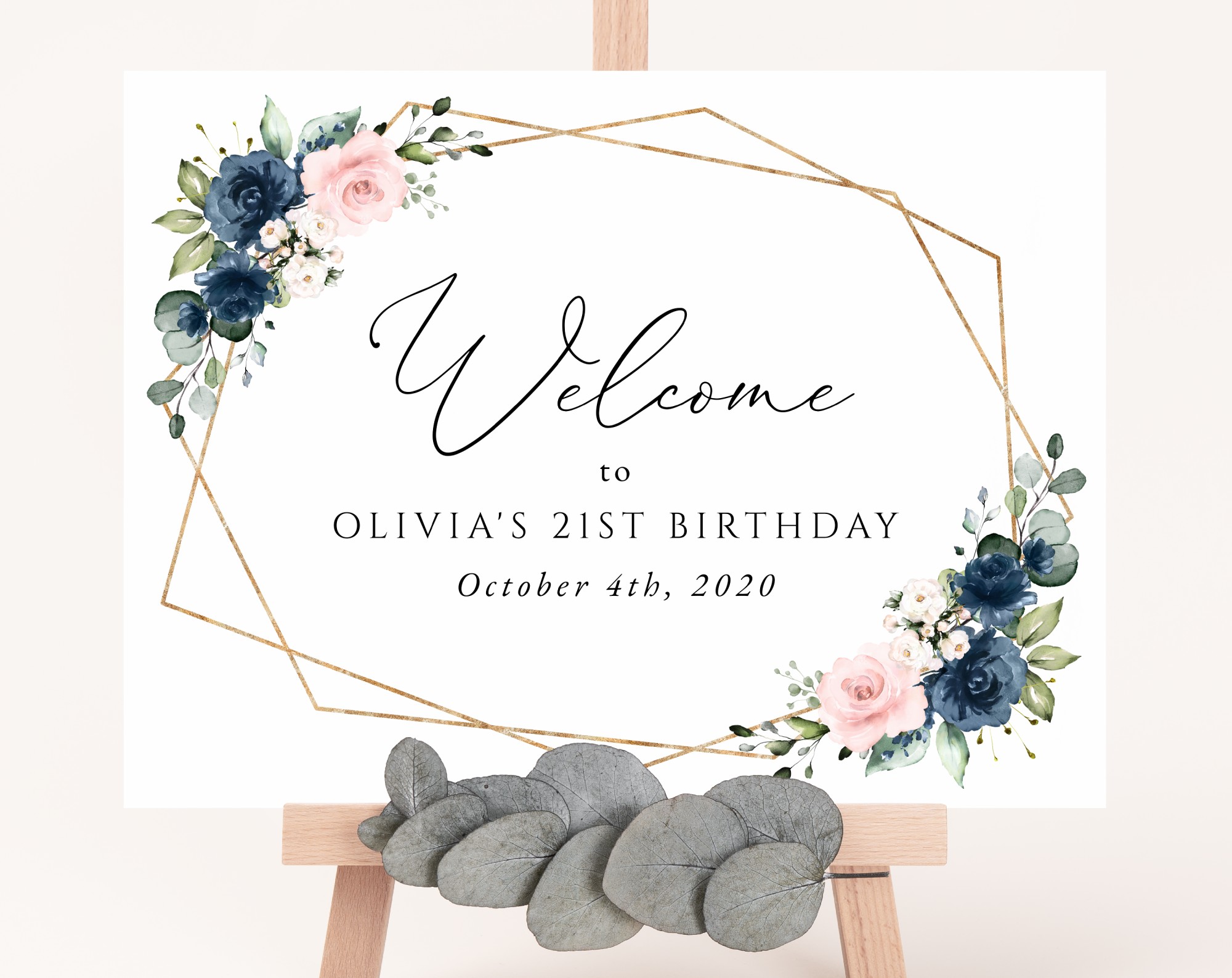 Navy and Pink Flowers Welcome Sign, Birthday Sign, Girl Birthday, Printable File, Edit Yourself, SH127