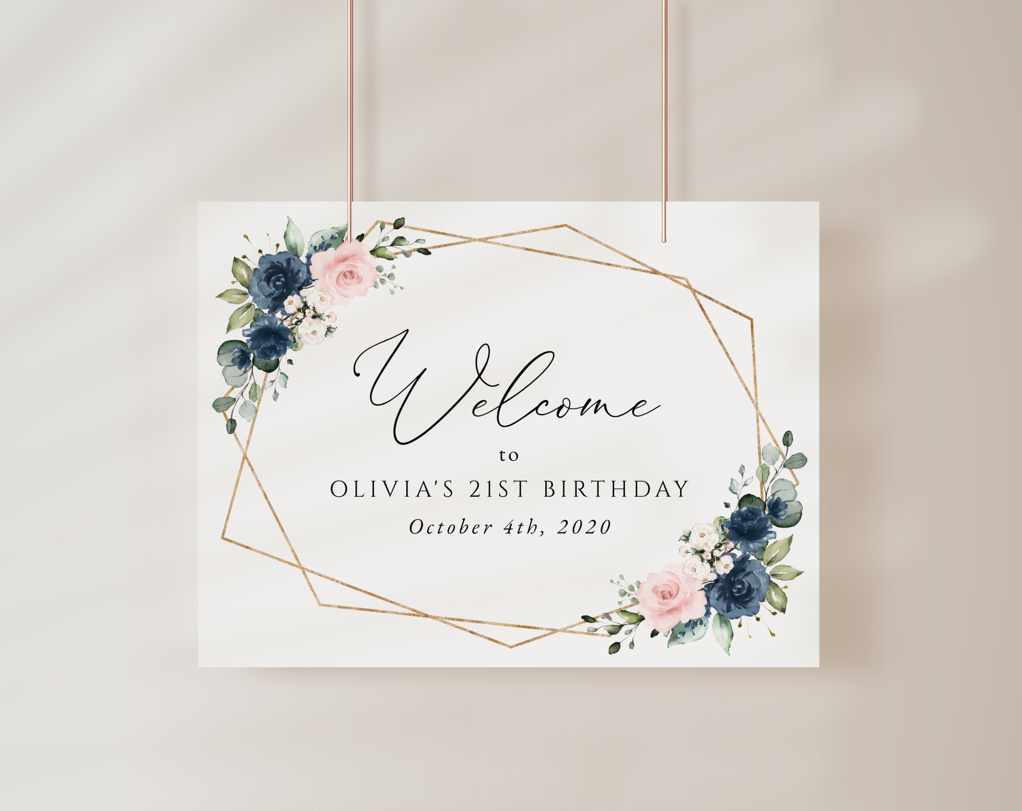 Navy and Pink Flowers Welcome Sign, Birthday Sign, Girl Birthday, Printable File, Edit Yourself, SH127