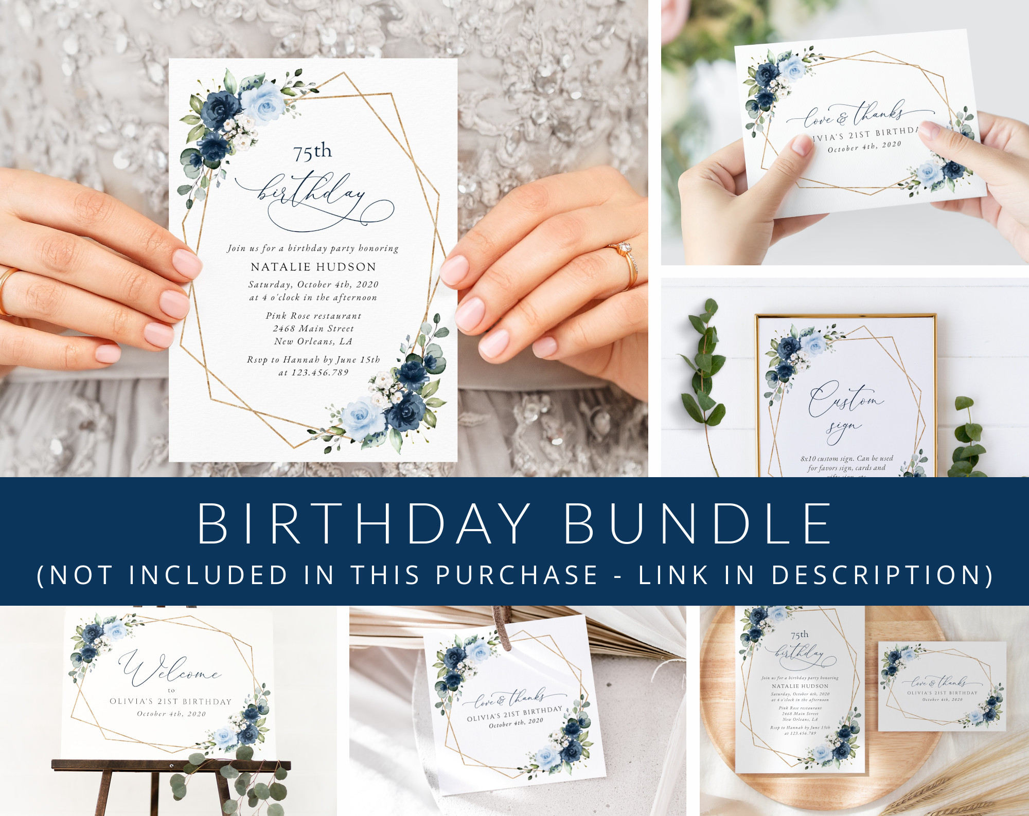 Navy and Blue Flowers Birthday Mini Bundle, Girl Birthday, Any Birthday, Printable File, Edit Yourself, SH128