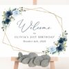 Navy and Blue Flowers Welcome Sign, Birthday Sign, Girl Birthday, Printable File, Edit Yourself, SH128