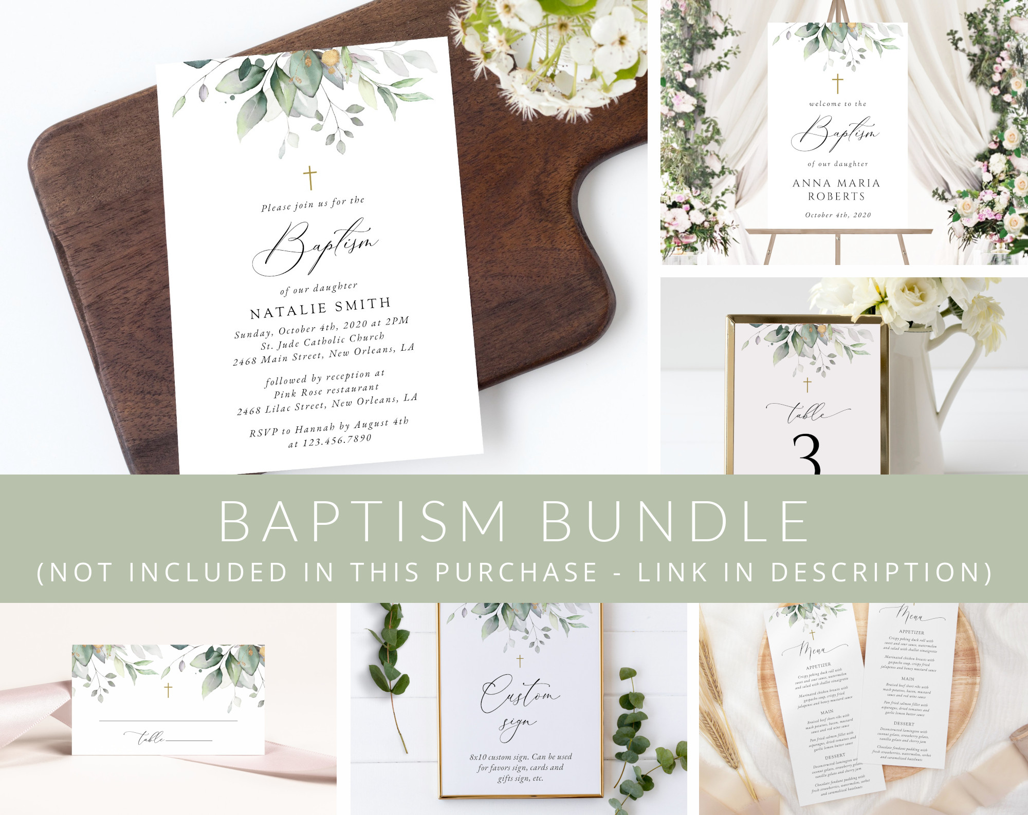 Greenery and Gold Baptism Mini Bundle, Printable File, Edit Yourself, SH148 Greenery and Gold Baptism Mini Bundle, Printable File, Edit Yourself, SH148