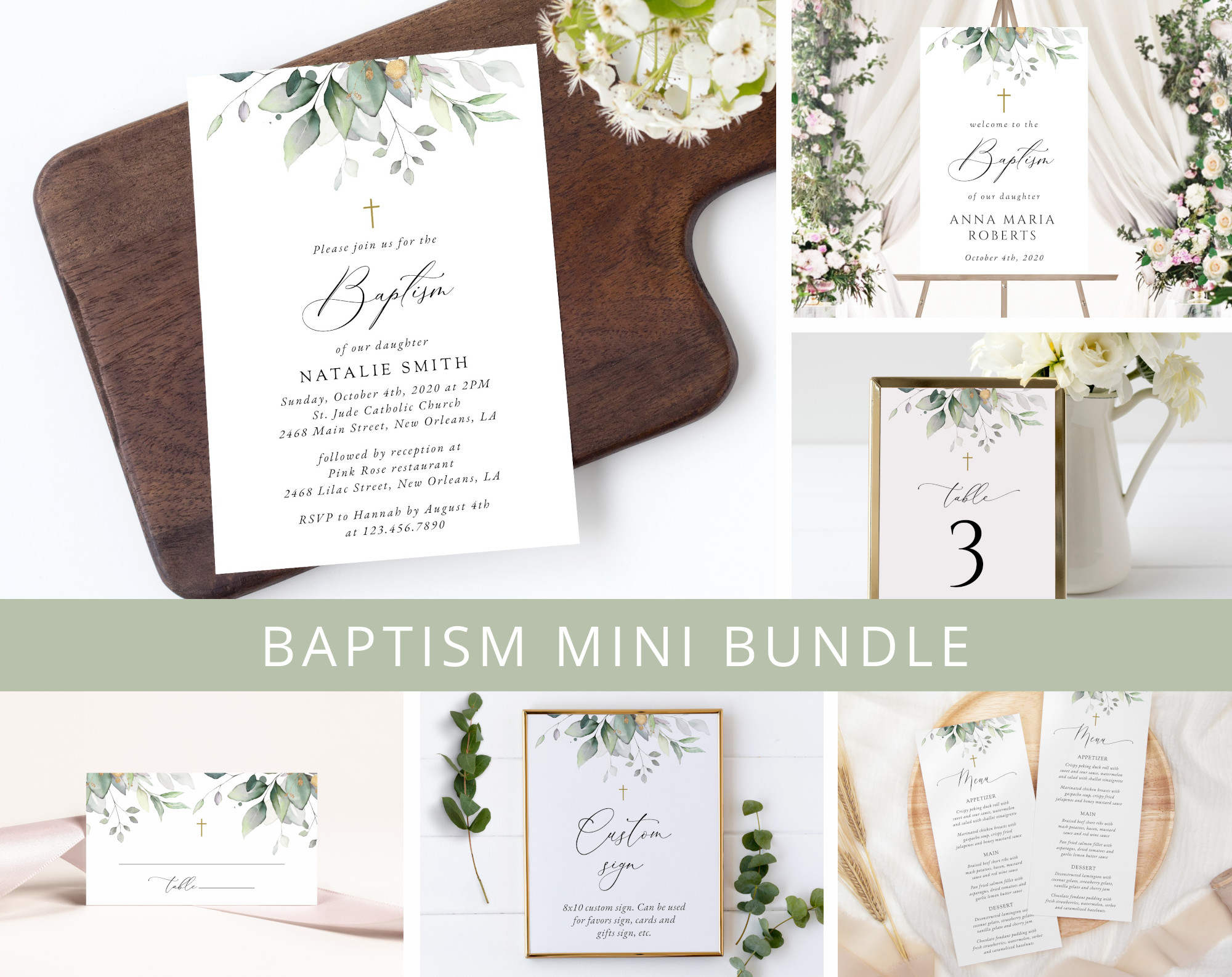 Greenery and Gold Baptism Mini Bundle, Printable File, Edit Yourself, SH148
