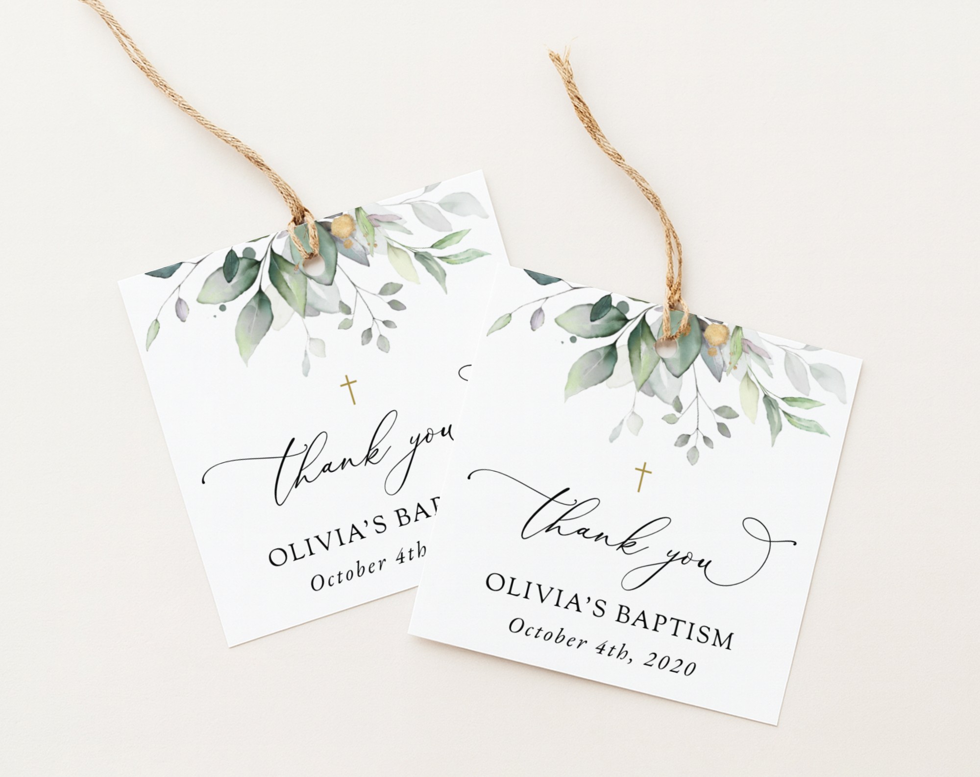 Greenery and Gold Baptism Favor Tags, Gift Tags, Printable File, Edit Yourself, SH148
