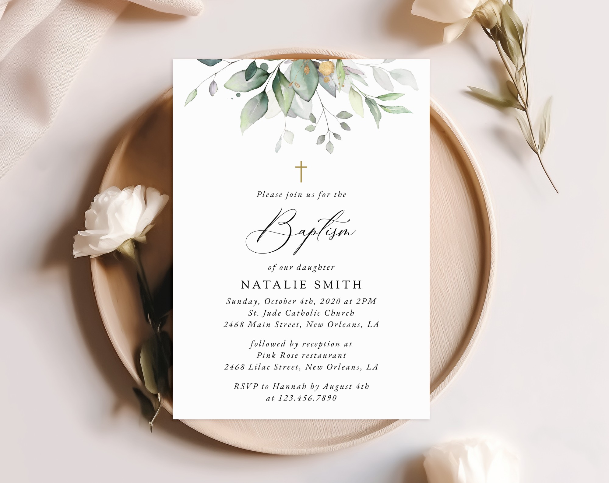 Greenery and Gold Baptism Invitation, Baptism Stationery, Printable File, Edit Yourself, SH148