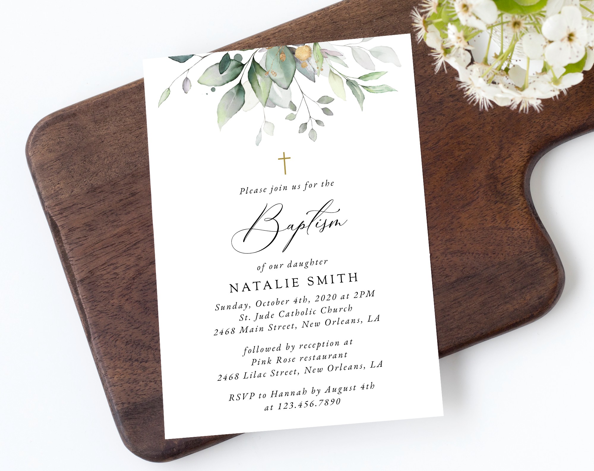 Greenery and Gold Baptism Invitation, Baptism Stationery, Printable File, Edit Yourself, SH148