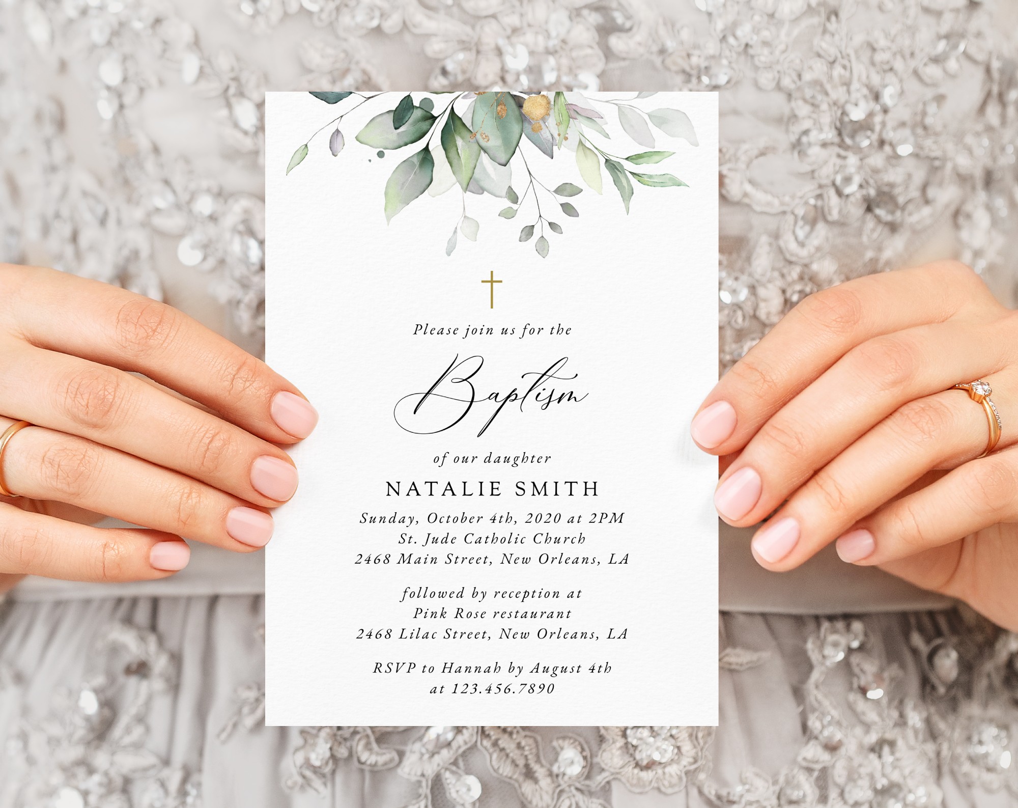 Greenery and Gold Baptism Invitation, Baptism Stationery, Printable File, Edit Yourself, SH148