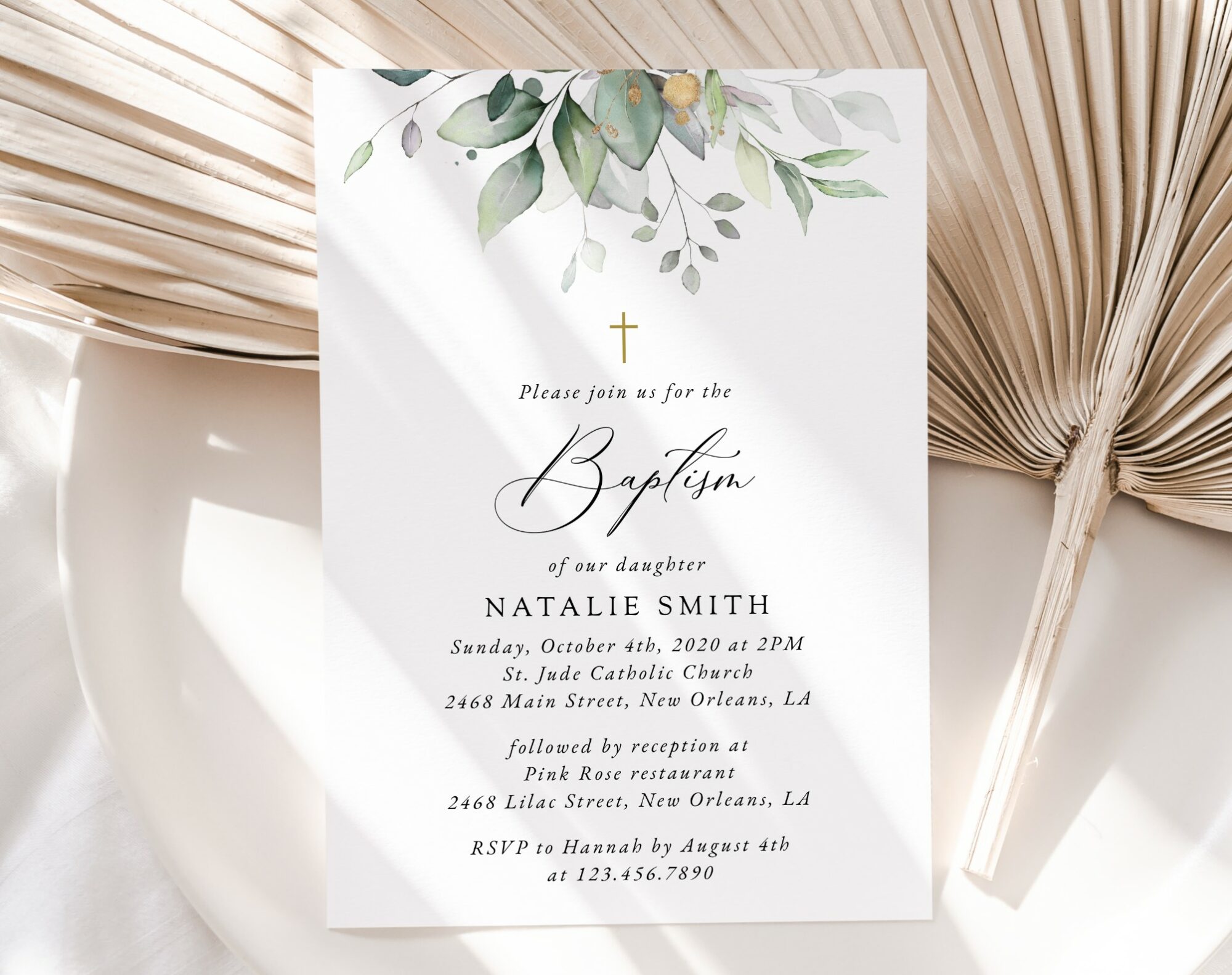 Greenery and Gold Baptism Invitation, Baptism Stationery, Printable File, Edit Yourself, SH148