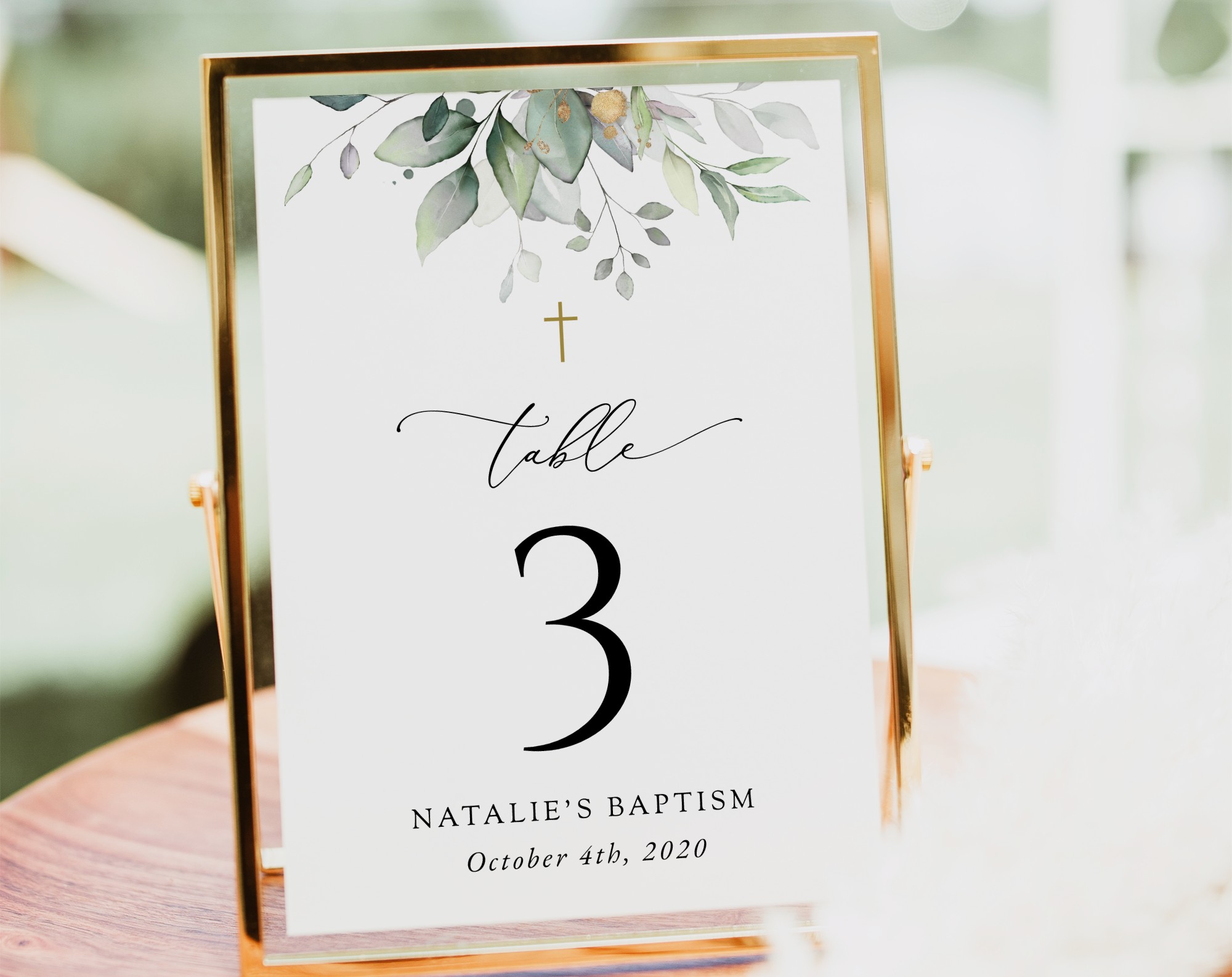 Greenery and Gold Table Number Sign, Baptism Sign, Printable File, Edit Yourself, SH148