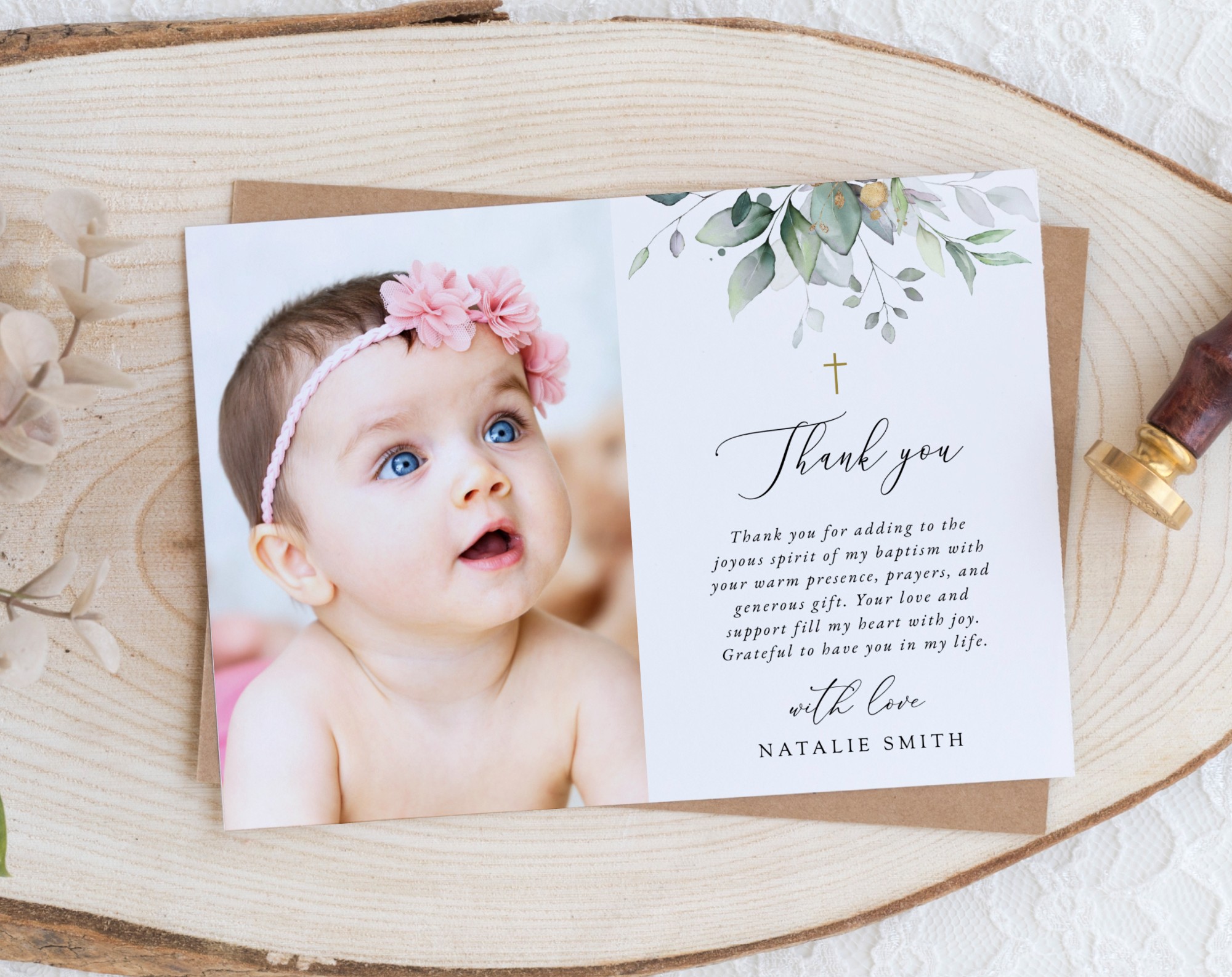 Greenery and Gold Baptism Thank You Card, Baptism Stationery, Printable File, Edit Yourself, SH148