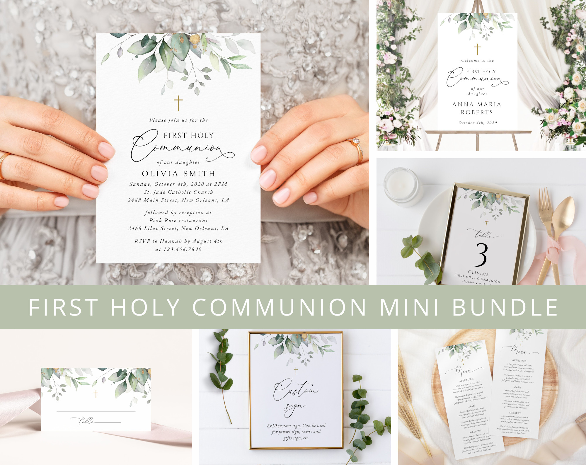 Greenery and Gold First Holy Communion Mini Bundle, Printable File, Edit Yourself, SH149