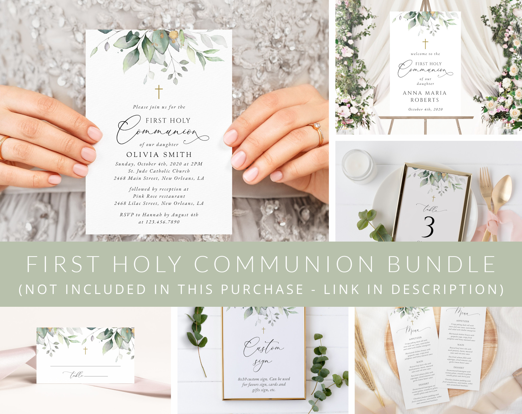 Greenery and Gold First Holy Communion Mini Bundle, Printable File, Edit Yourself, SH149 Greenery and Gold First Holy Communion Mini Bundle, Printable File, Edit Yourself, SH149