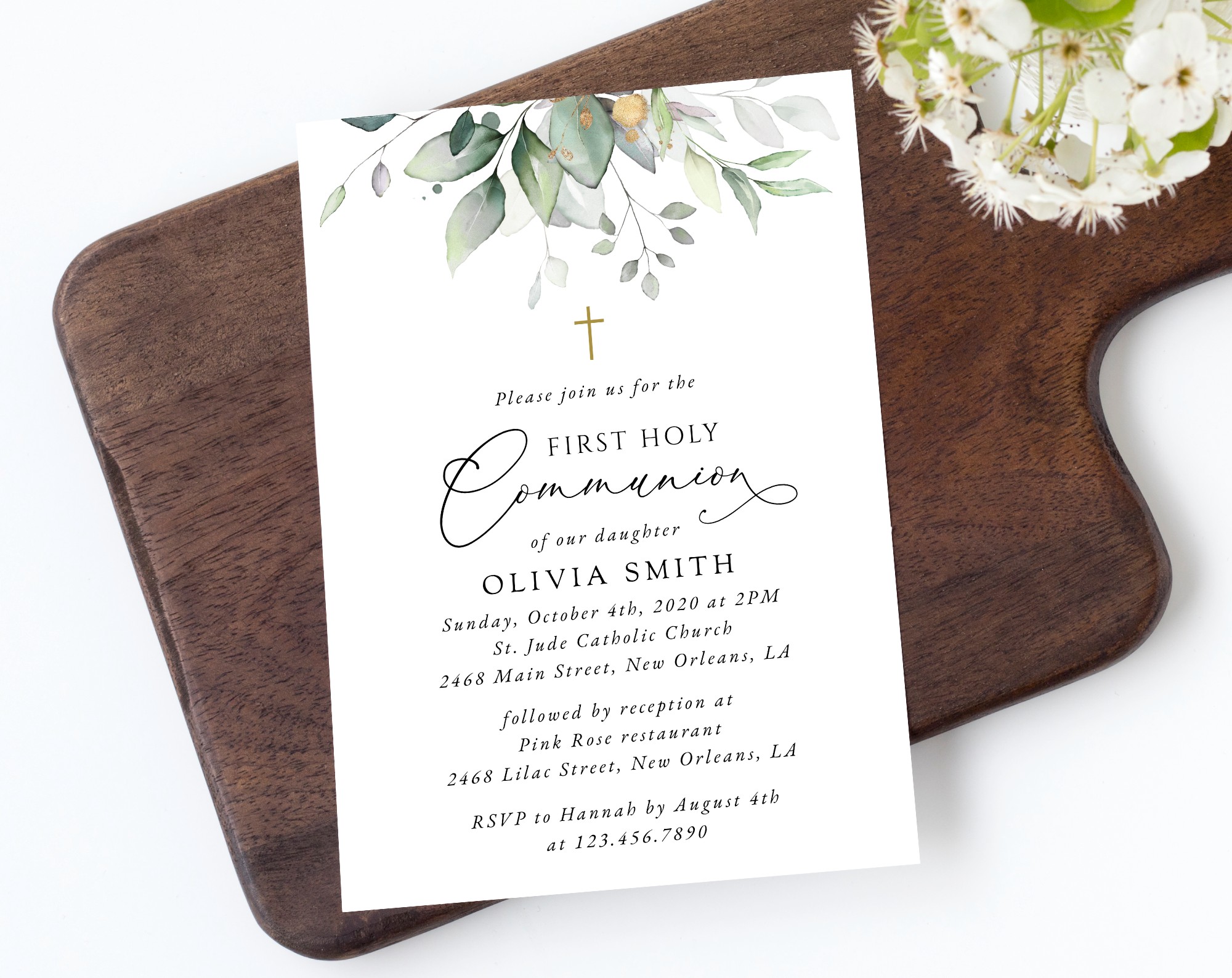 Greenery and Gold First Holy Communion Invitation, Printable File, Edit Yourself, SH149 Greenery and Gold First Holy Communion Invitation, Printable File, Edit Yourself, SH149