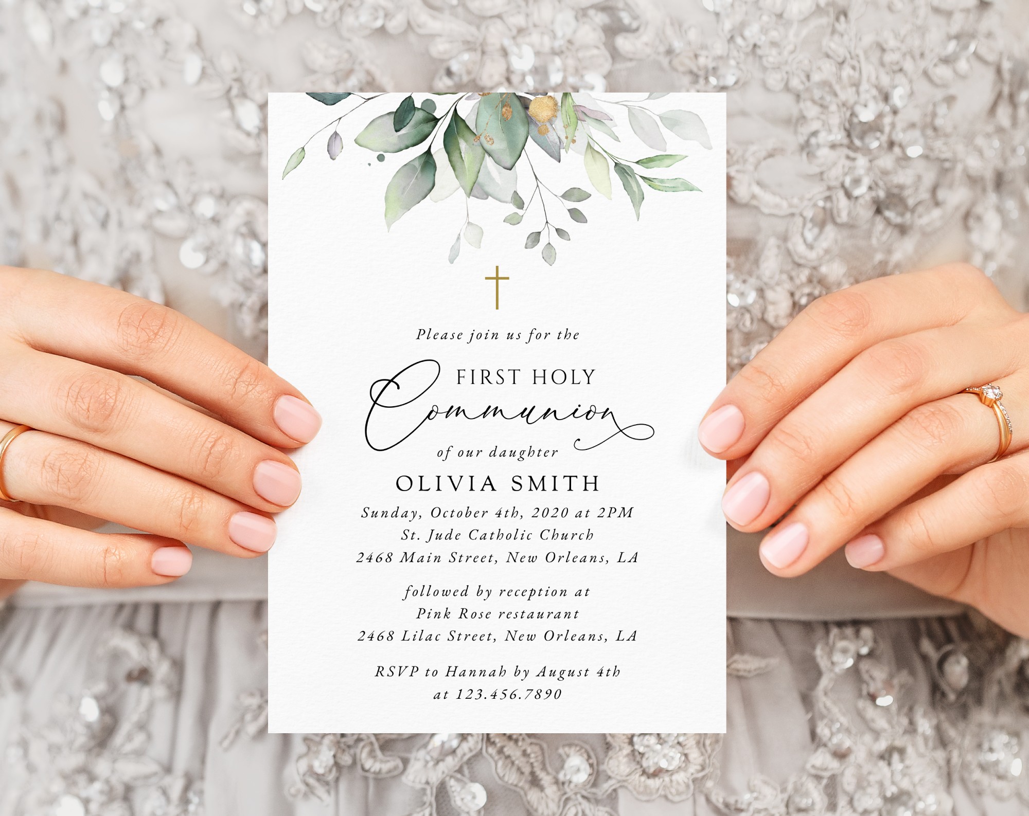 Greenery and Gold First Holy Communion Invitation, Printable File, Edit Yourself, SH149