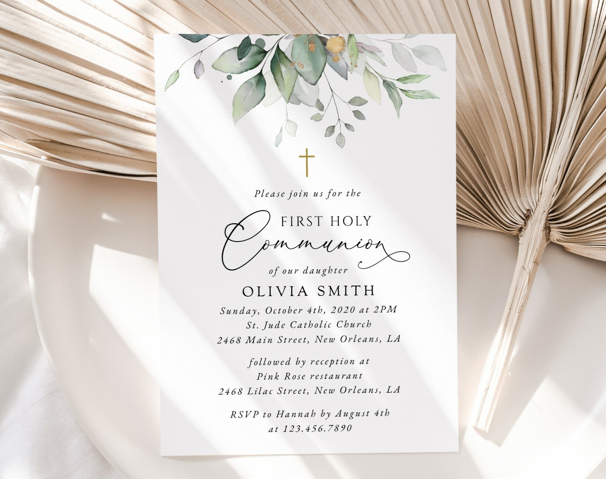 Greenery and Gold First Holy Communion Invitation, Printable File, Edit Yourself, SH149 Greenery and Gold First Holy Communion Invitation, Printable File, Edit Yourself, SH149