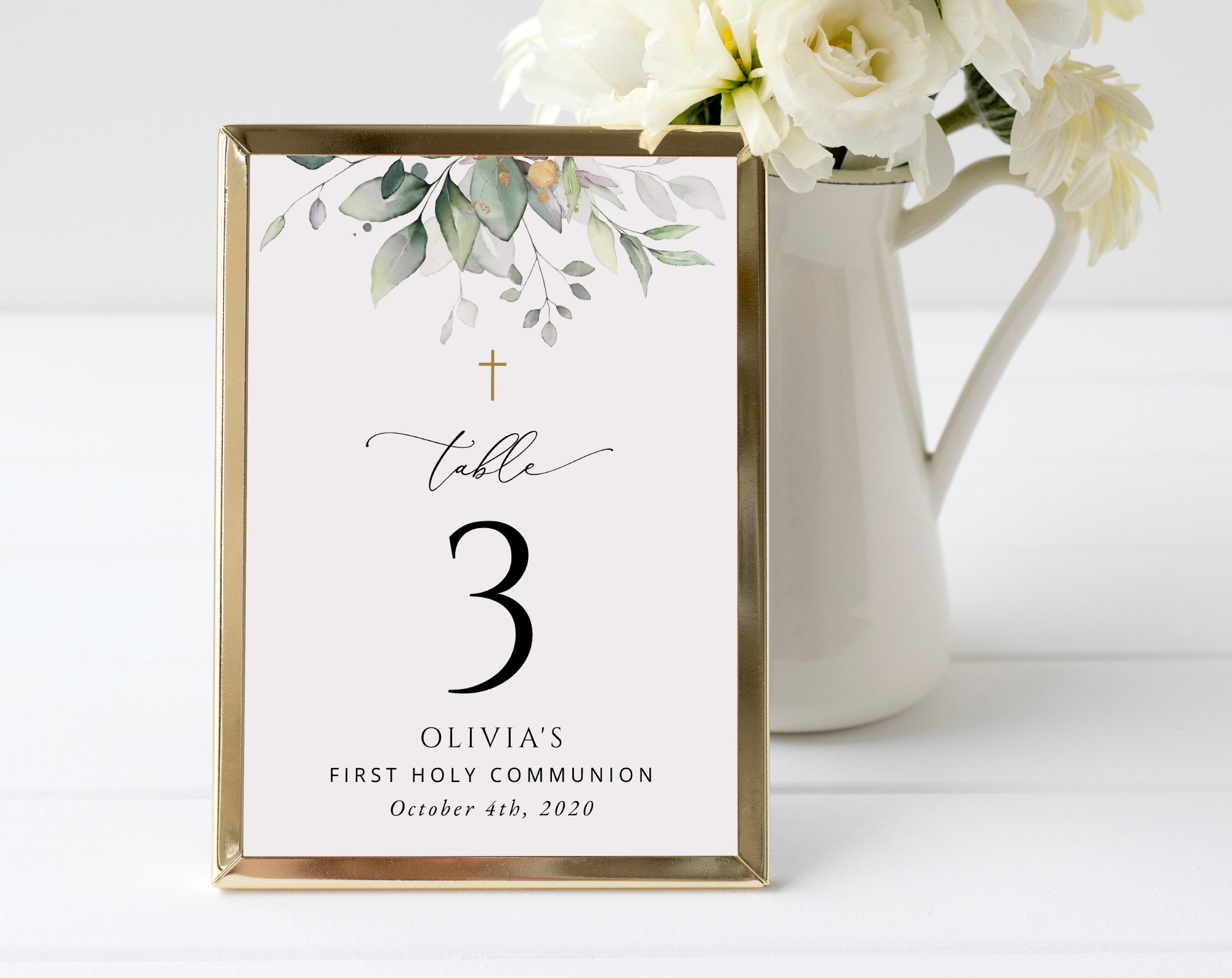 Greenery and Gold Table Number Sign, First Holy Communion Sign, Printable File, Edit Yourself, SH149