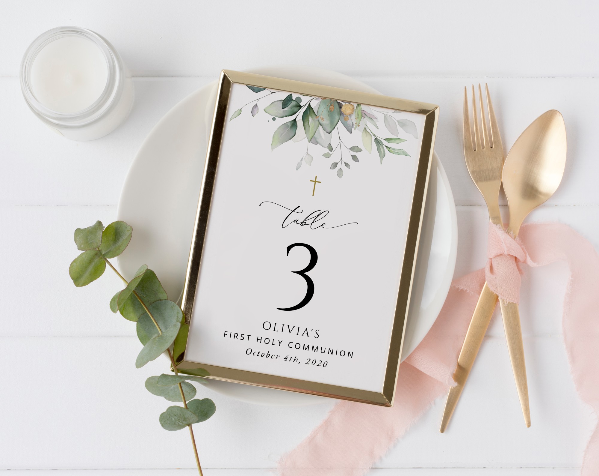 Greenery and Gold Table Number Sign, First Holy Communion Sign, Printable File, Edit Yourself, SH149