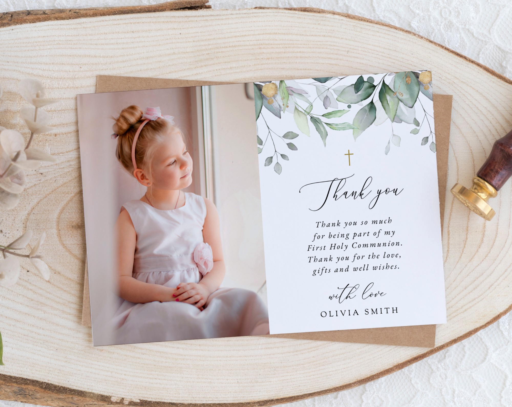 Greenery and Gold First Holy Communion Thank You Card, Printable File, Edit Yourself, SH149