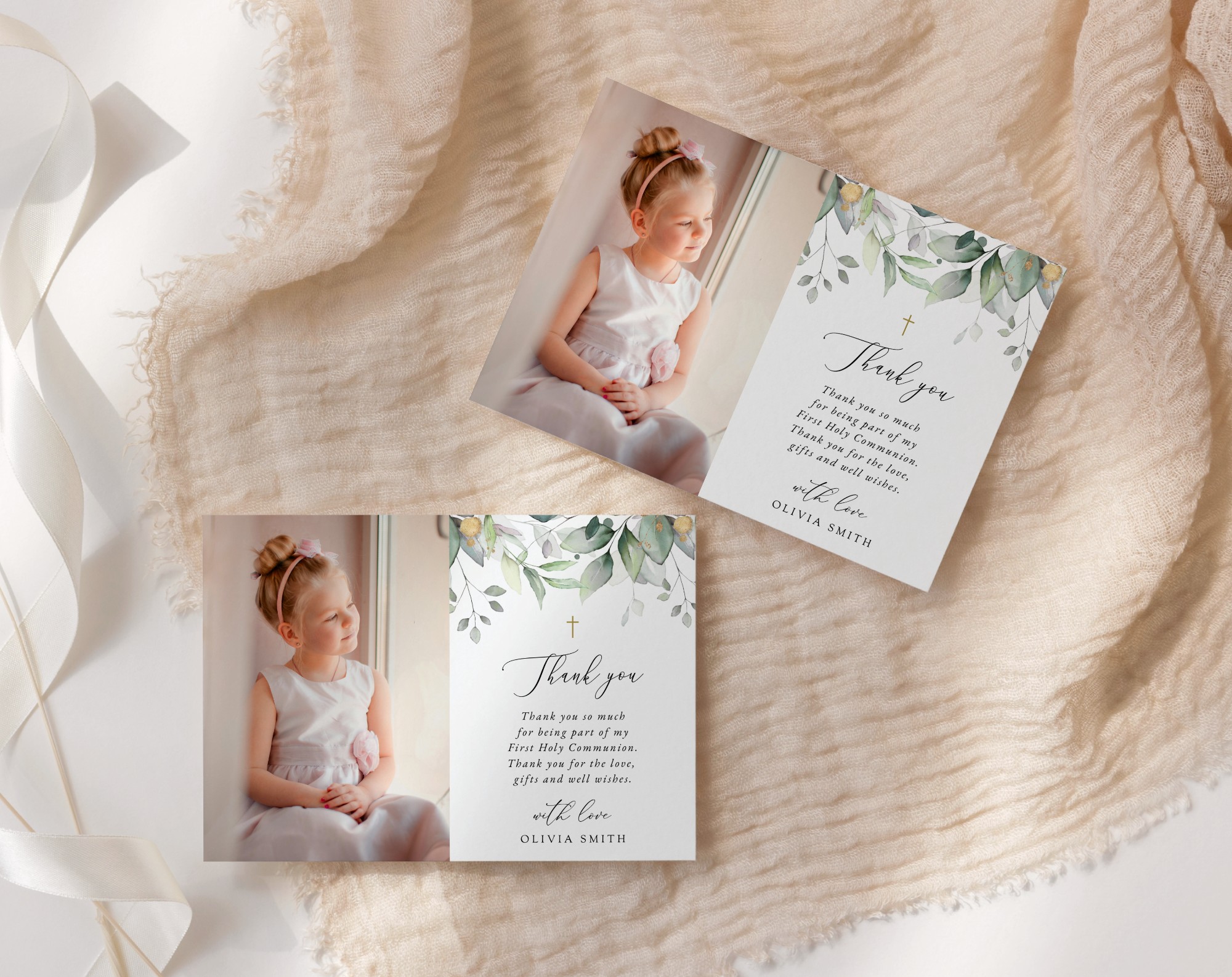 Greenery and Gold First Holy Communion Thank You Card, Printable File, Edit Yourself, SH149