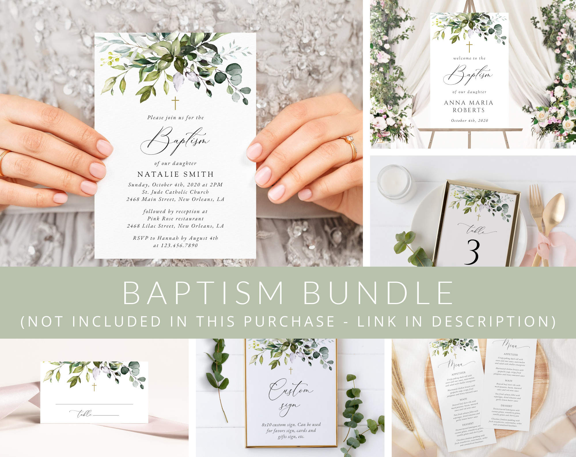 Eucalyptus Leaves Baptism Mini Bundle, Printable File, Edit Yourself, SH150