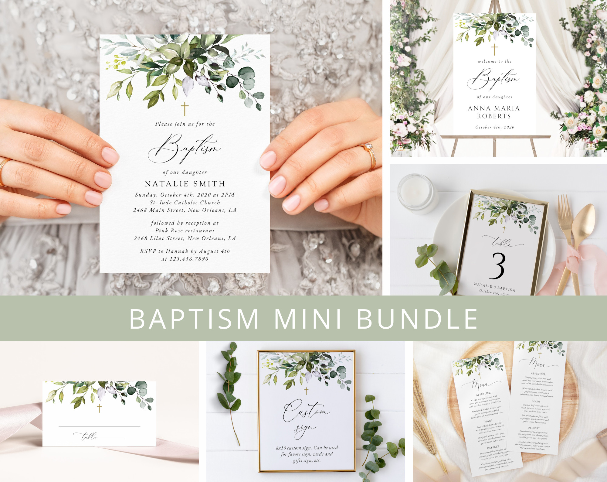 Eucalyptus Leaves Baptism Mini Bundle, Printable File, Edit Yourself, SH150