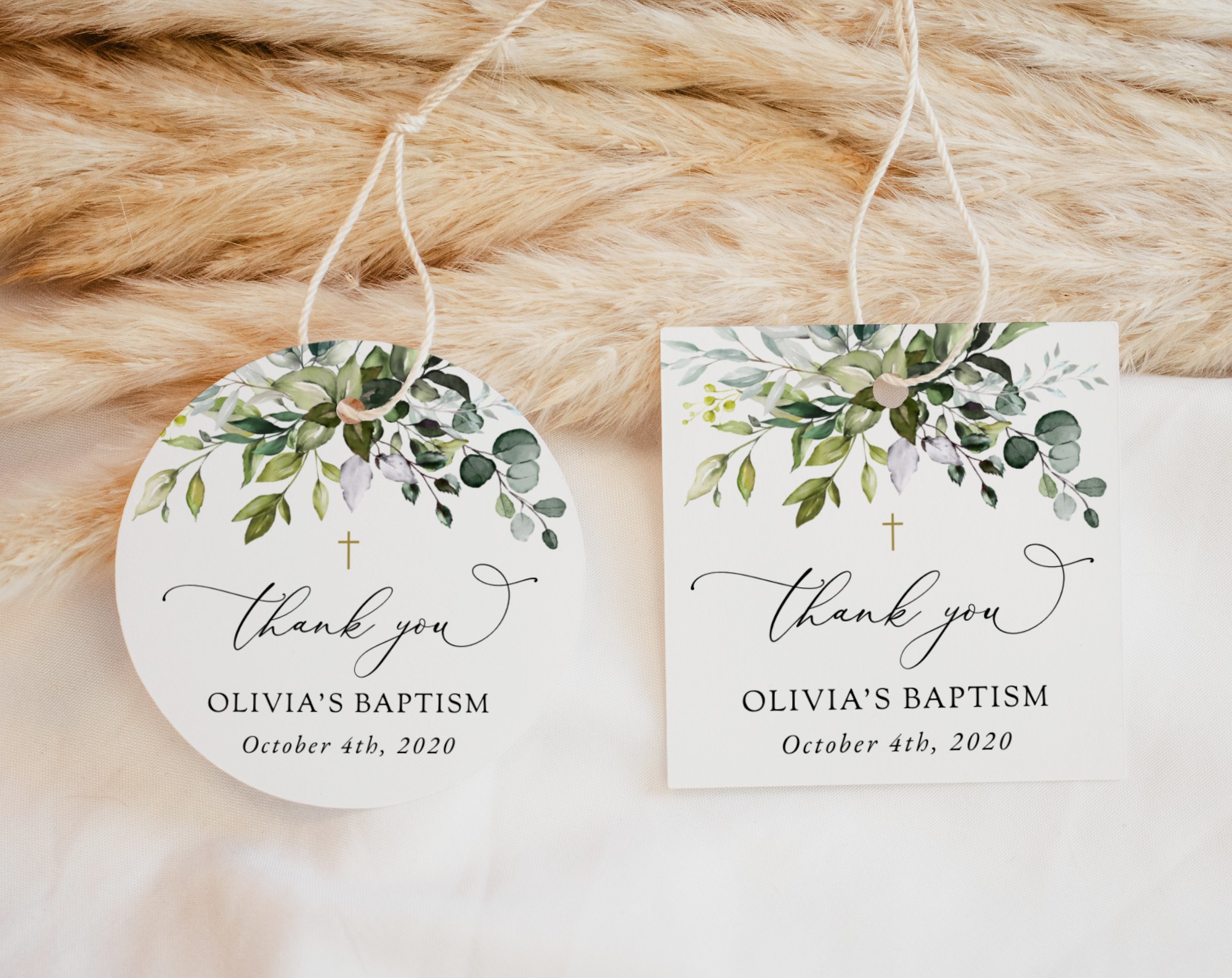 Eucalyptus Leaves Baptism Favor Tags, Gift Tags, Printable File, Edit Yourself, SH150