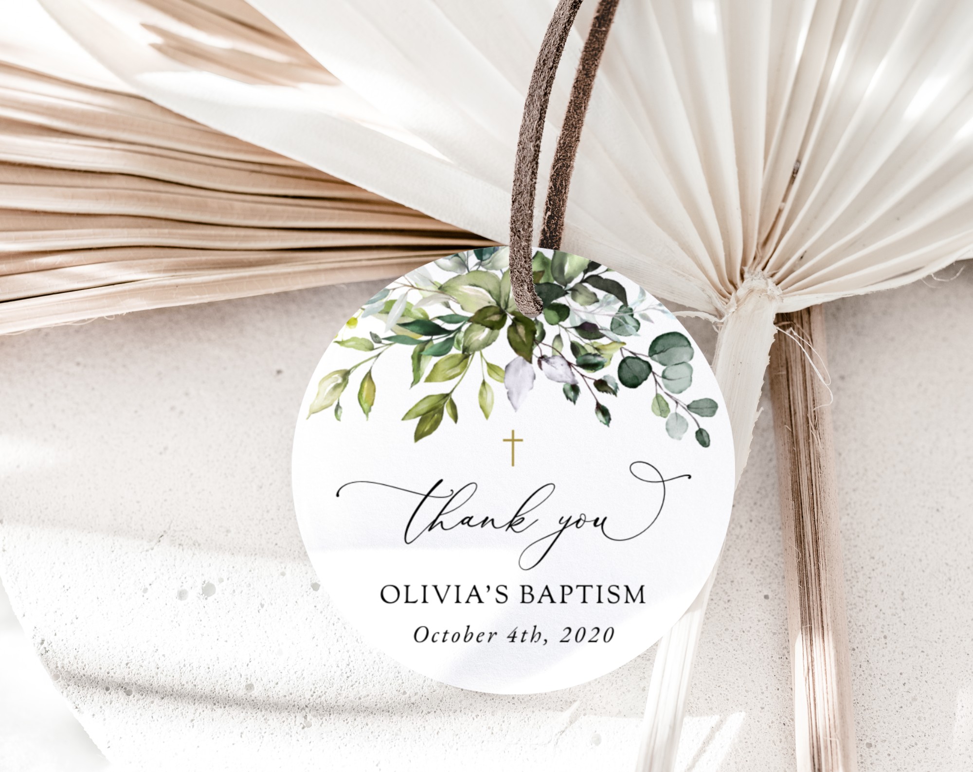 Eucalyptus Leaves Baptism Favor Tags, Gift Tags, Printable File, Edit Yourself, SH150