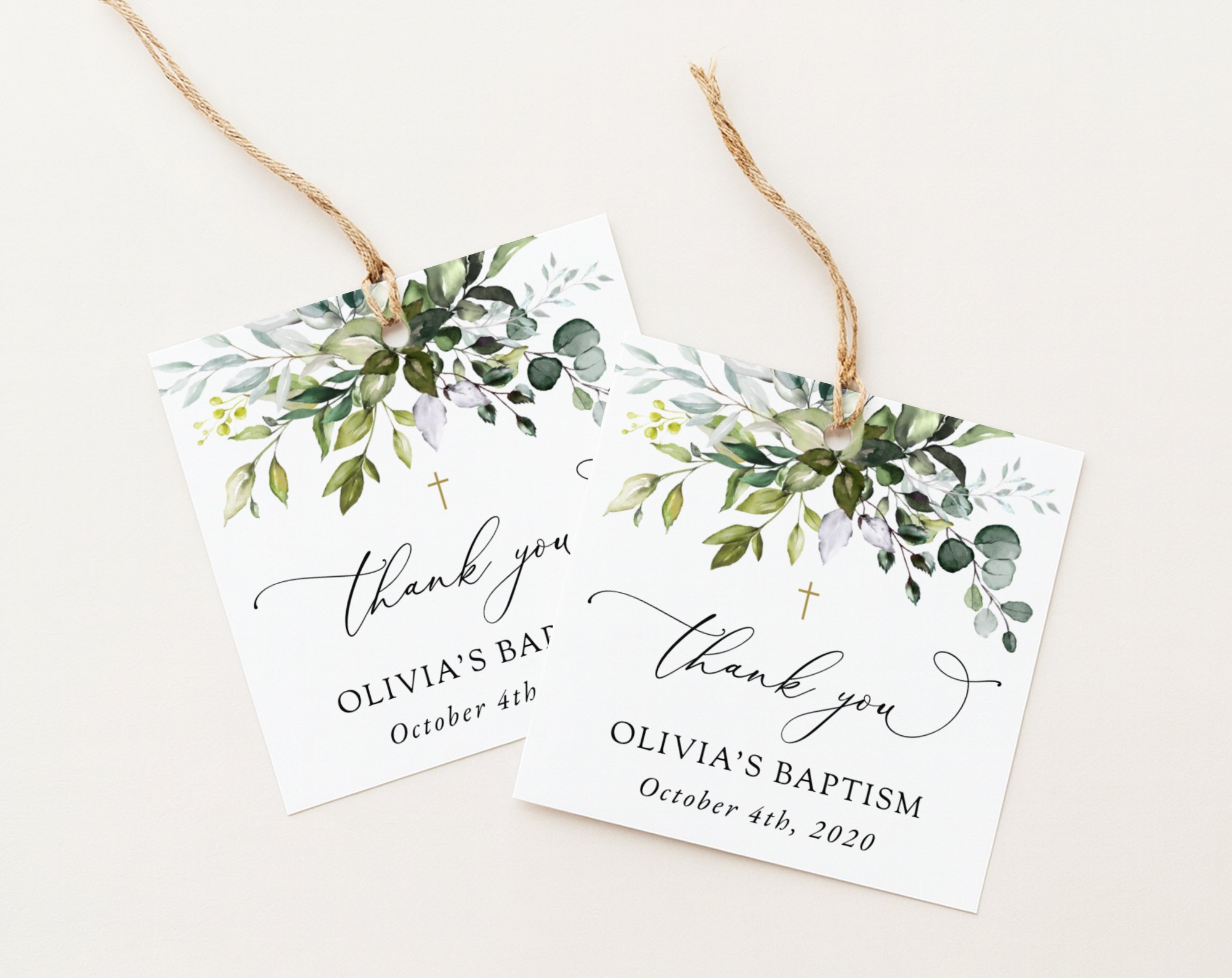 Eucalyptus Leaves Baptism Favor Tags, Gift Tags, Printable File, Edit Yourself, SH150