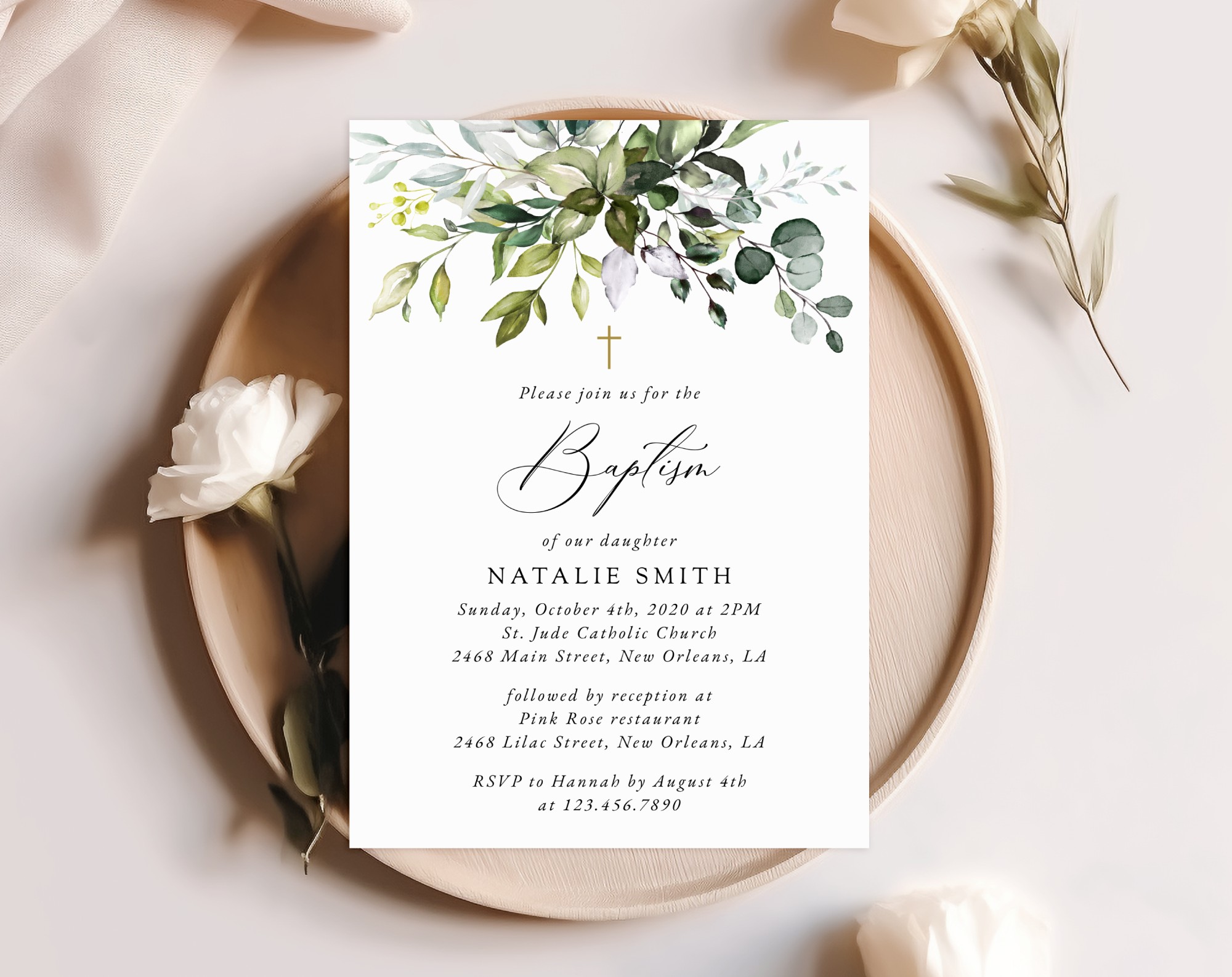 Eucalyptus Leaves Baptism Invitation, Baptism Stationery, Printable File, Edit Yourself, SH150
