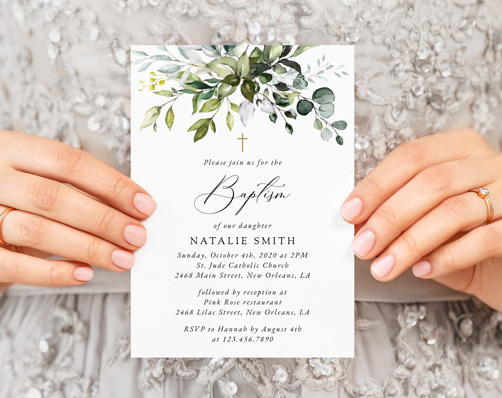 Eucalyptus Leaves Baptism Invitation, Baptism Stationery, Printable File, Edit Yourself, SH150