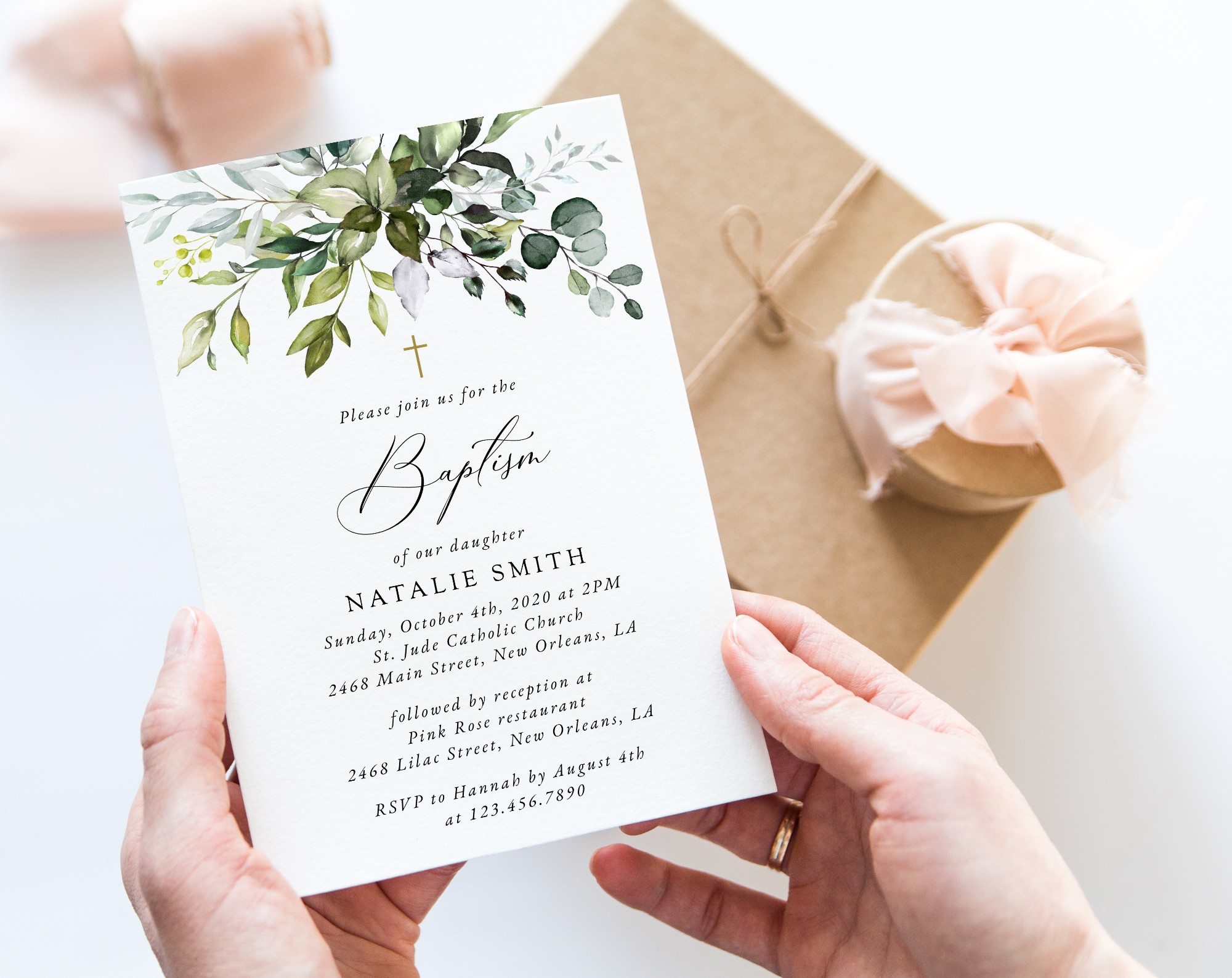 Eucalyptus Leaves Baptism Invitation, Baptism Stationery, Printable File, Edit Yourself, SH150