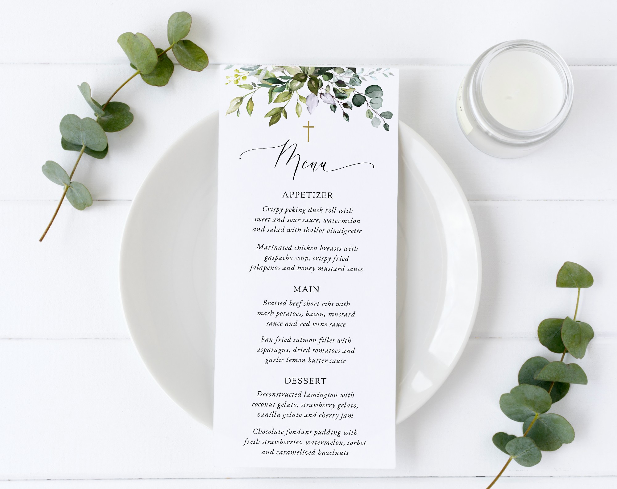 Eucalyptus Leaves Menu, Baptism, First Holy Communion, Printable File, Edit Yourself, SH150 SH151