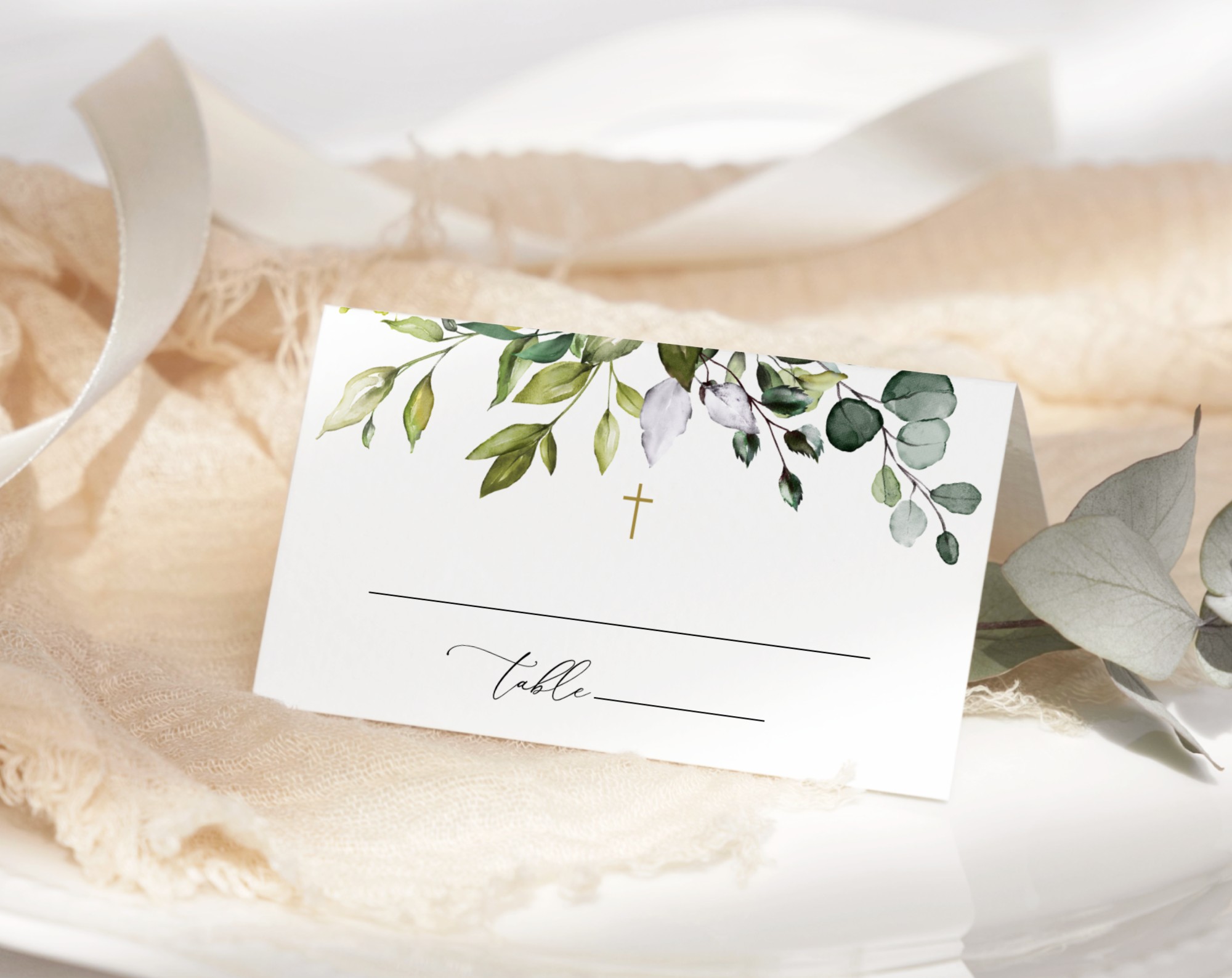 Eucalyptus Leaves Place Card, Baptism, First Holy Communion, Printable File, Edit Yourself, SH150 SH151