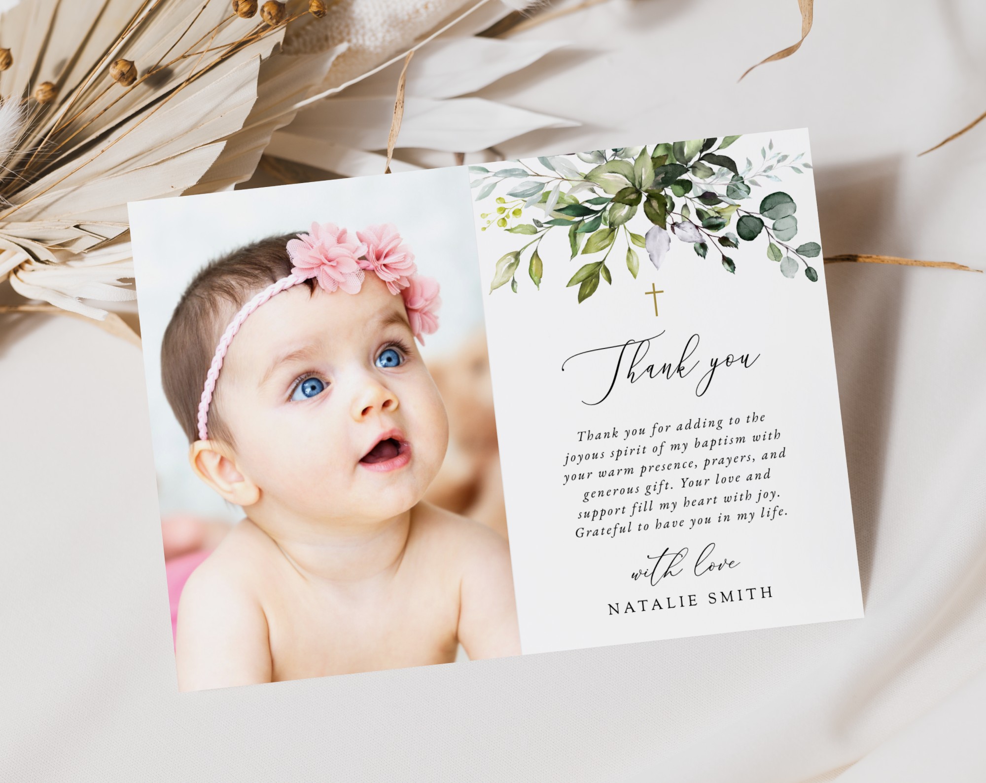 Eucalyptus Leaves Baptism Thank You Card, Baptism Stationery, Printable File, Edit Yourself, SH150 Eucalyptus Leaves Baptism Thank You Card, Baptism Stationery, Printable File, Edit Yourself, SH150
