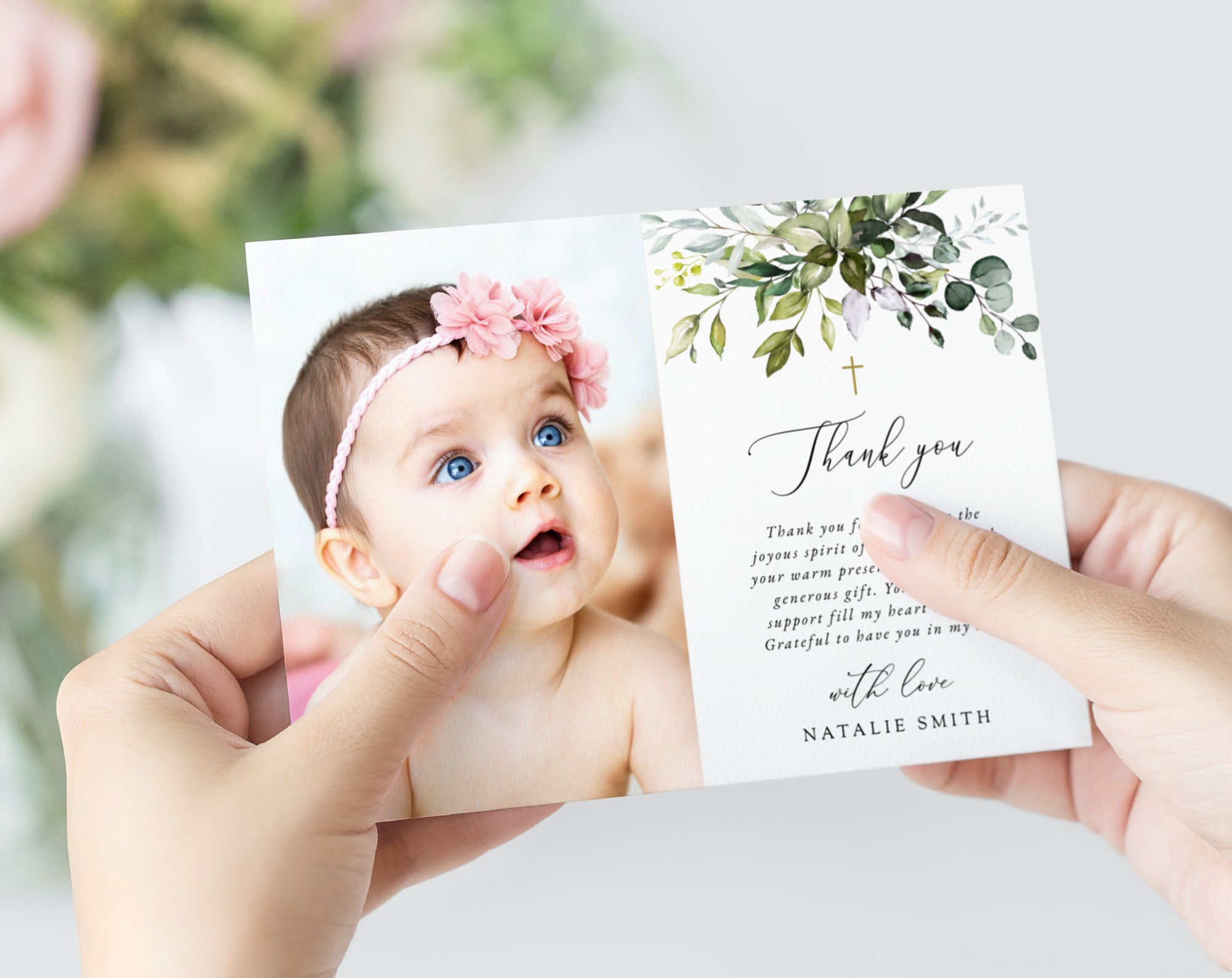 Eucalyptus Leaves Baptism Thank You Card, Baptism Stationery, Printable File, Edit Yourself, SH150 Eucalyptus Leaves Baptism Thank You Card, Baptism Stationery, Printable File, Edit Yourself, SH150