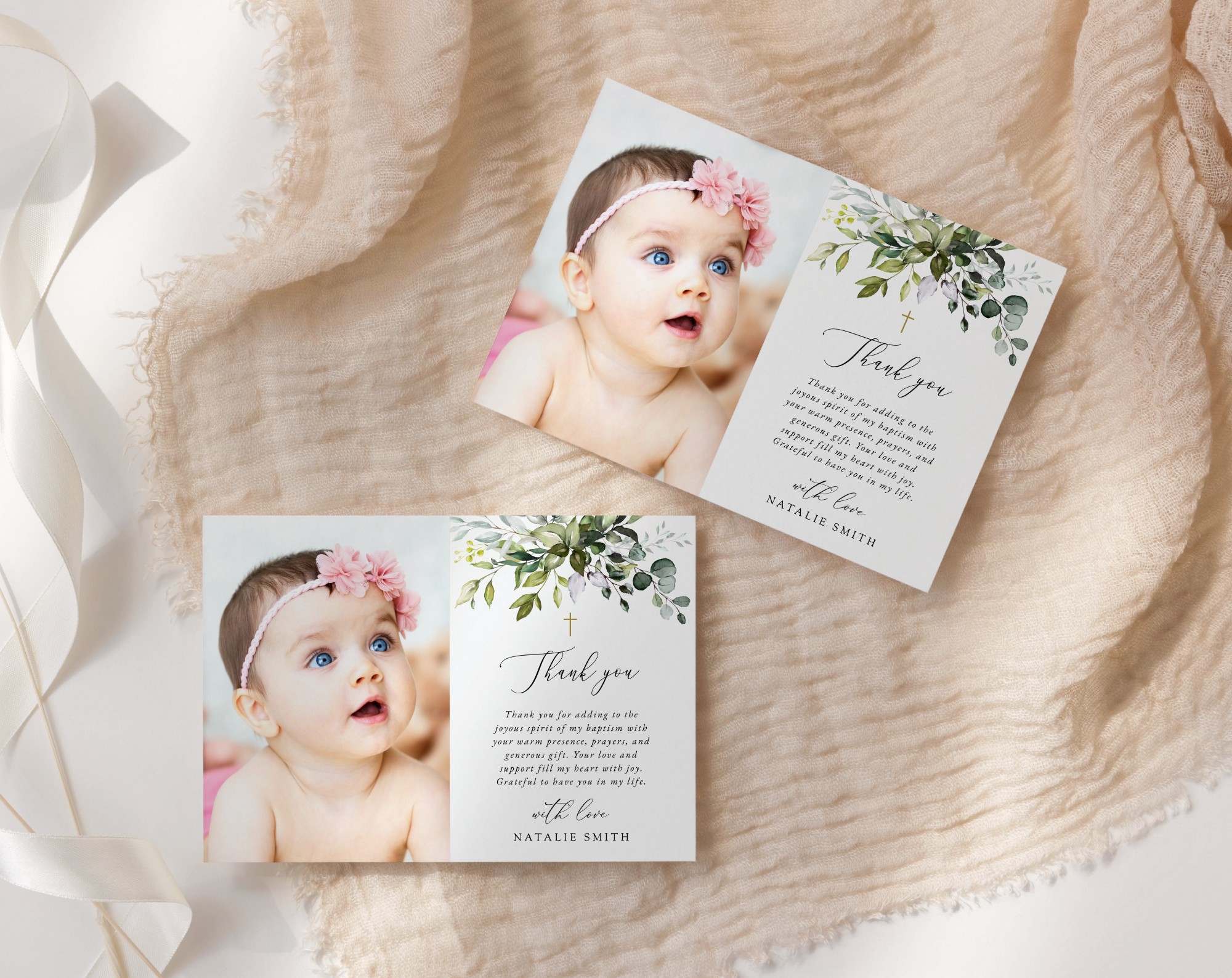 Eucalyptus Leaves Baptism Thank You Card, Baptism Stationery, Printable File, Edit Yourself, SH150