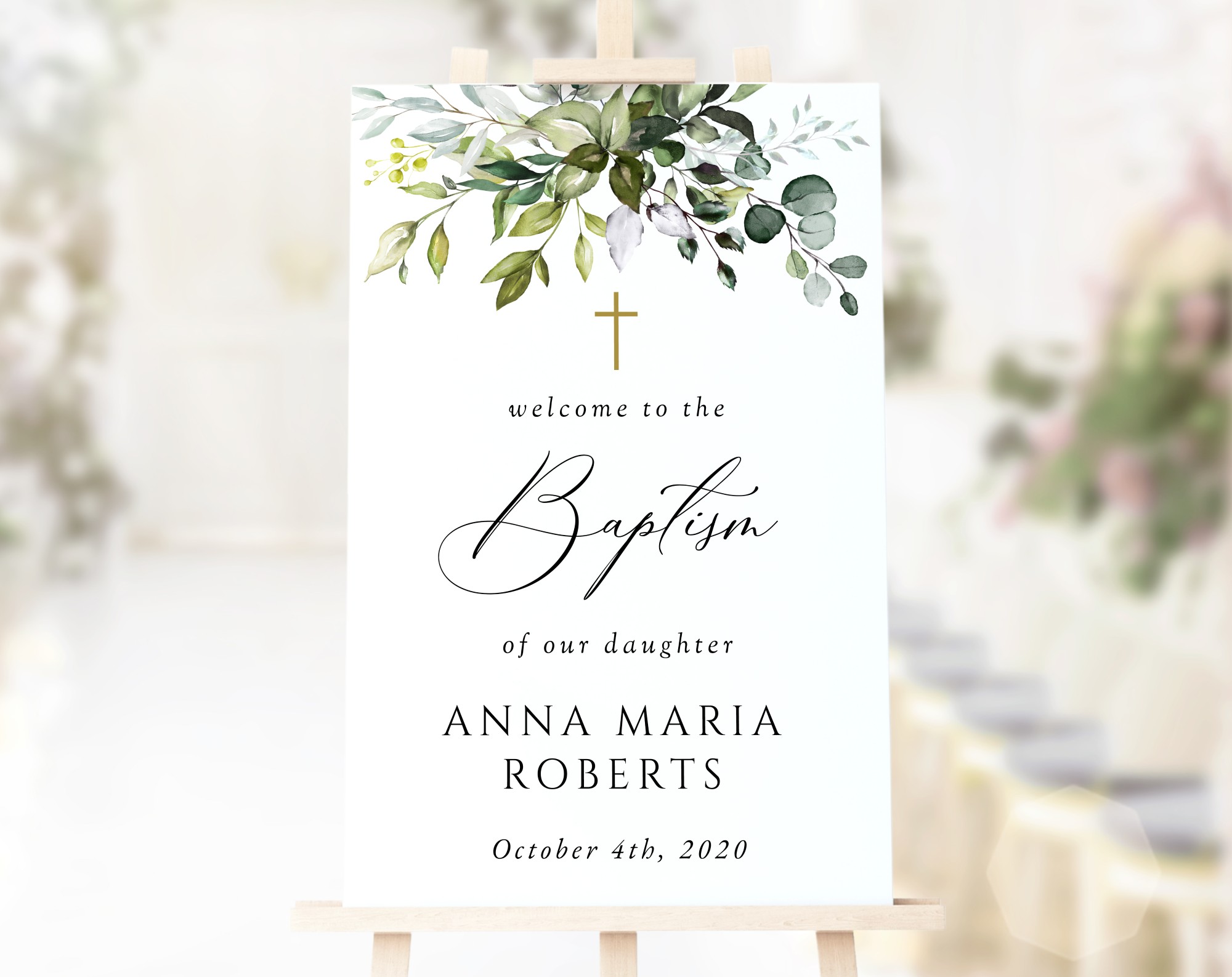 Eucalyptus Leaves Welcome Sign, Baptism Sign, Printable File, Edit Yourself, SH150