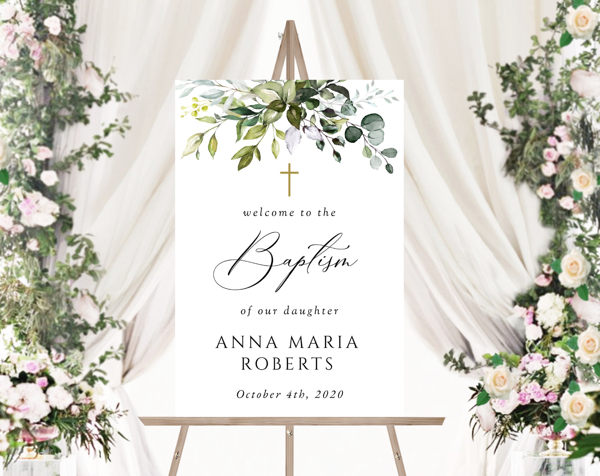 Eucalyptus Leaves Welcome Sign, Baptism Sign, Printable File, Edit Yourself, SH150