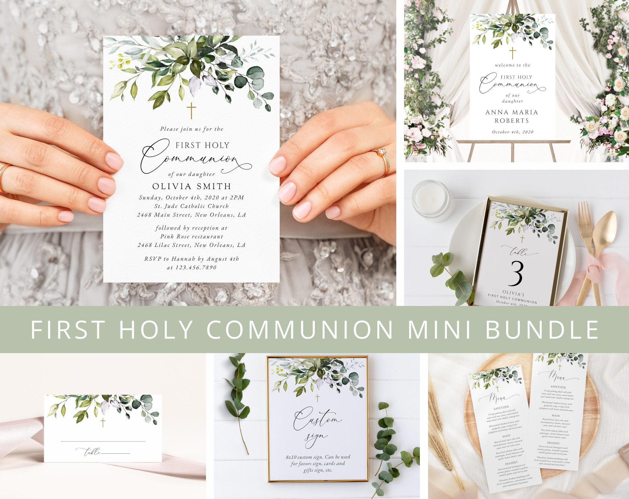 Eucalyptus Leaves First Holy Communion Mini Bundle, Printable File, Edit Yourself, SH151