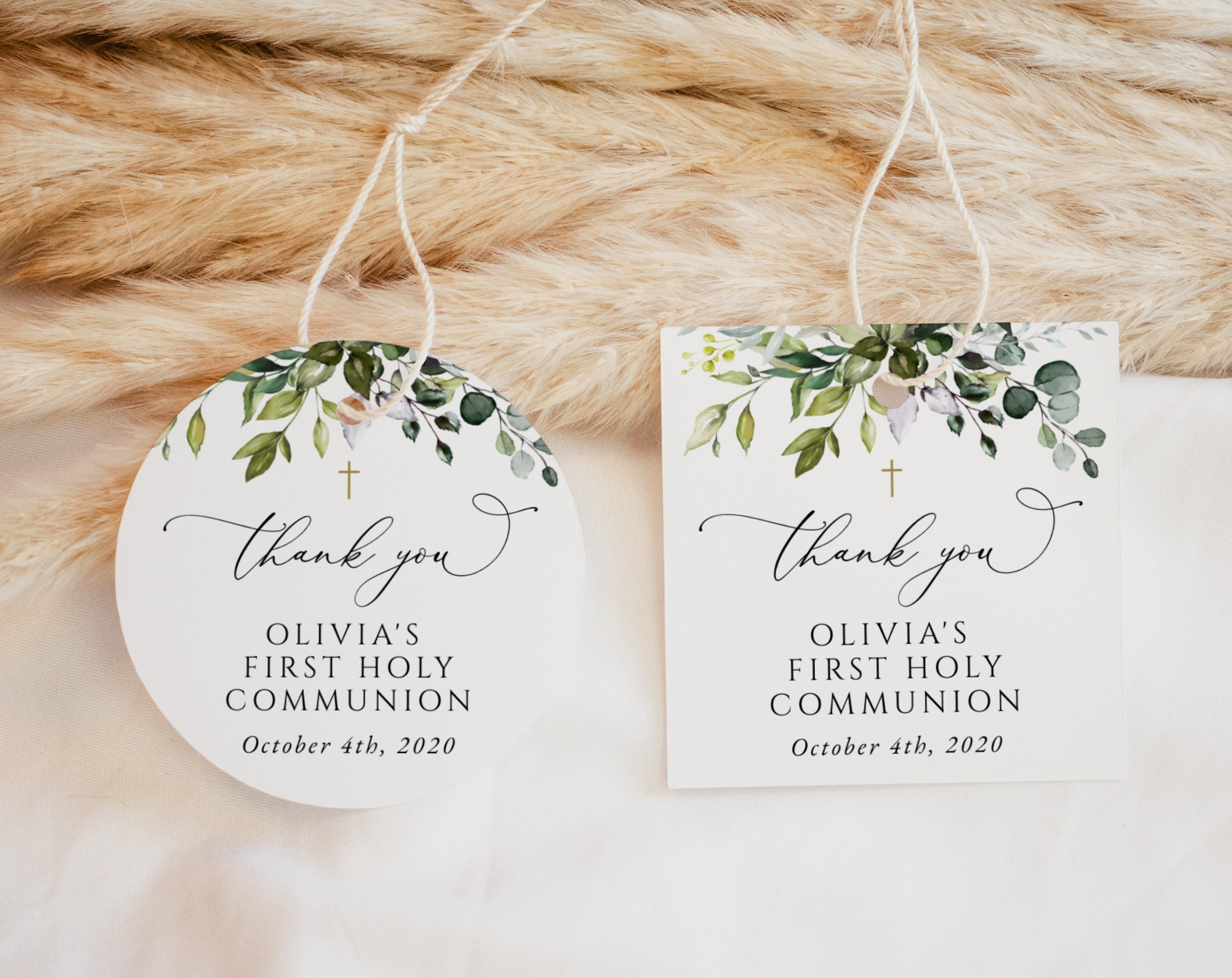 Eucalyptus Leaves First Holy Communion Favor Tags, Printable File, Edit Yourself, SH151