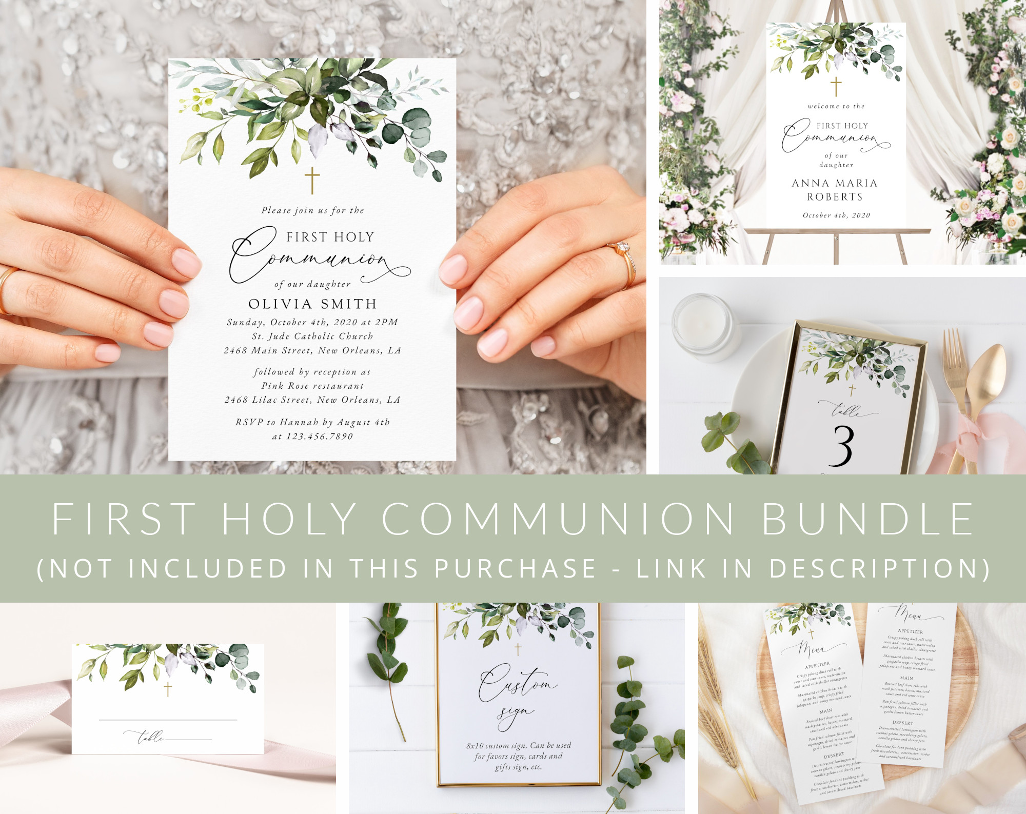 Eucalyptus Leaves First Holy Communion Mini Bundle, Printable File, Edit Yourself, SH151