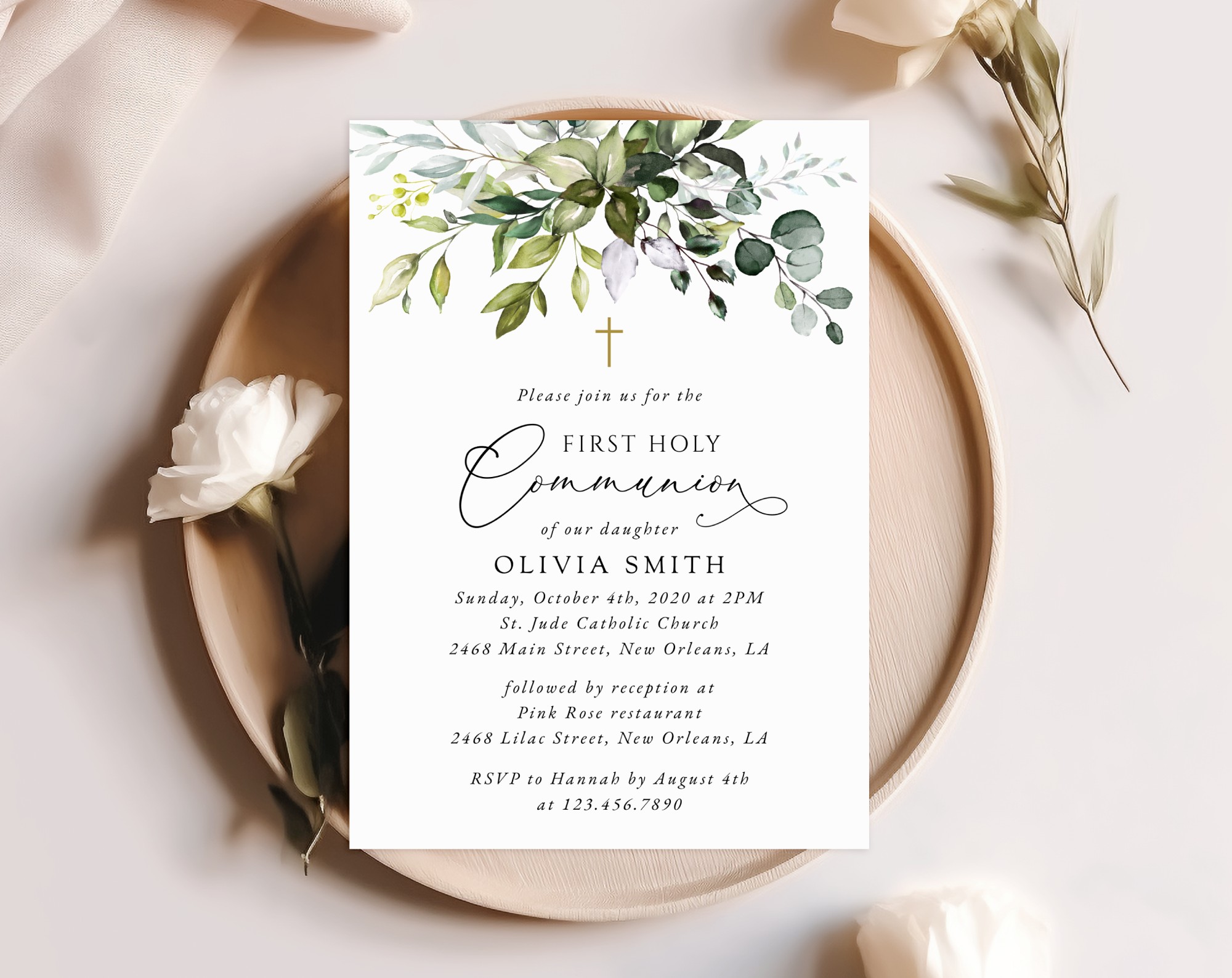 Eucalyptus Leaves First Holy Communion Invitation, Printable File, Edit Yourself, SH151 Eucalyptus Leaves First Holy Communion Invitation, Printable File, Edit Yourself, SH151