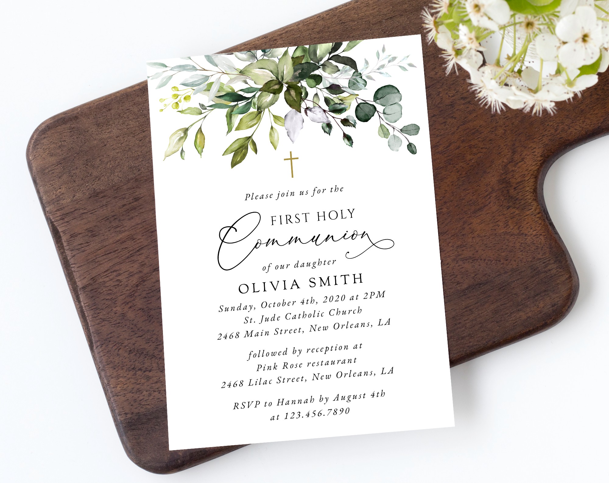 Eucalyptus Leaves First Holy Communion Invitation, Printable File, Edit Yourself, SH151 Eucalyptus Leaves First Holy Communion Invitation, Printable File, Edit Yourself, SH151