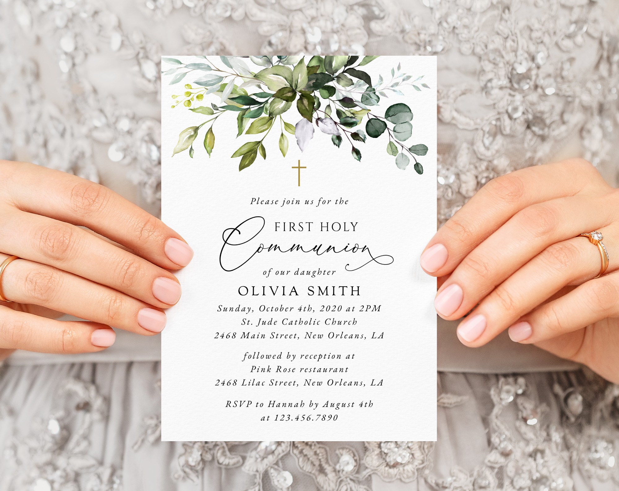 Eucalyptus Leaves First Holy Communion Invitation, Printable File, Edit Yourself, SH151