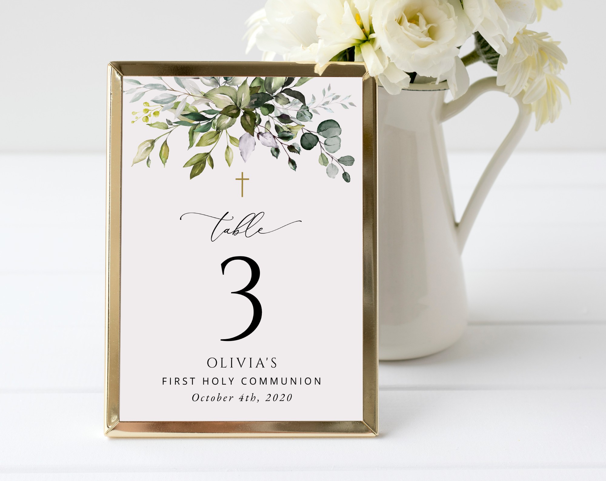 Eucalyptus Leaves Table Number Sign, First Holy Communion Sign, Printable File, Edit Yourself, SH151