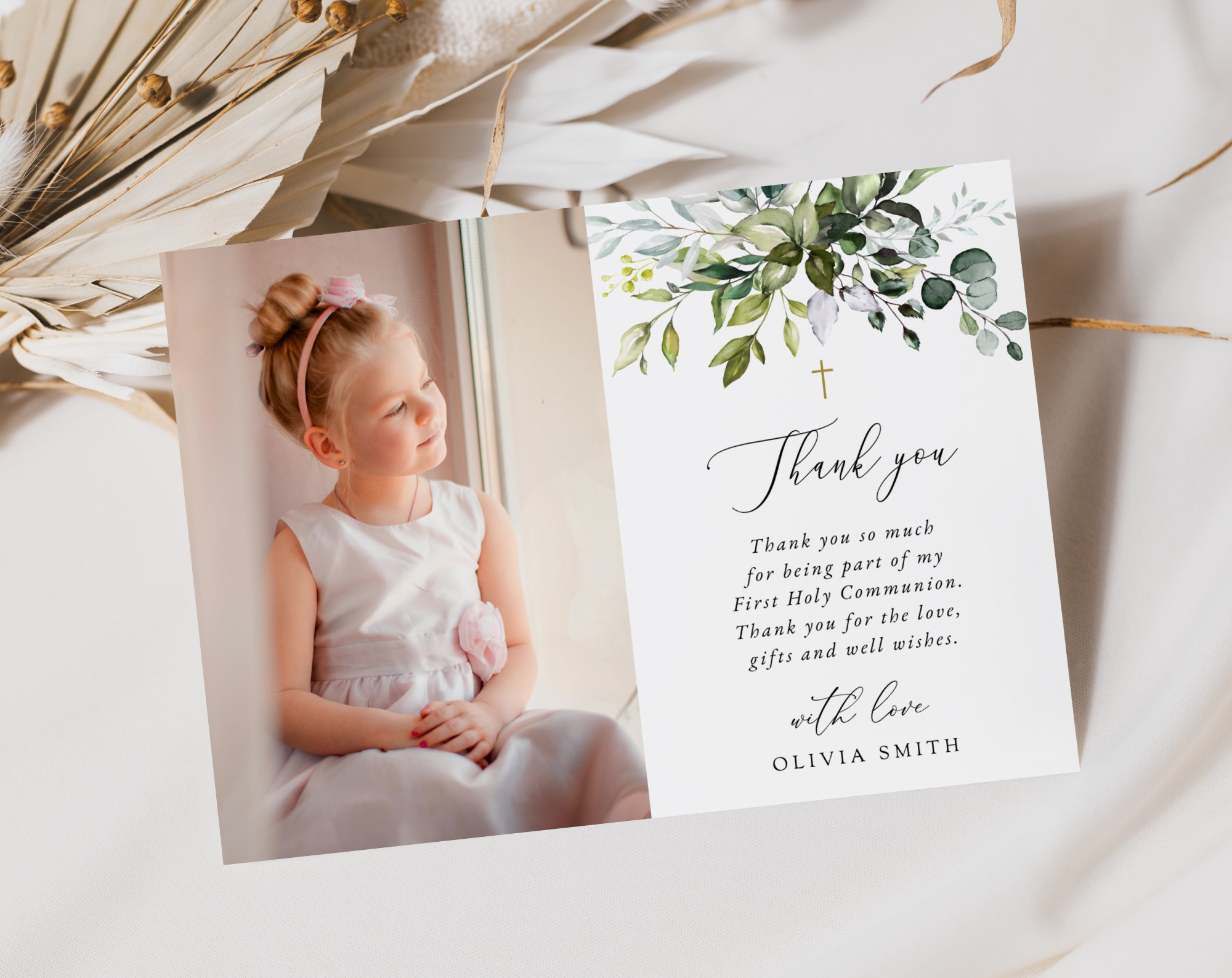 Eucalyptus Leaves First Holy Communion Thank You Card, Printable File, Edit Yourself, SH151